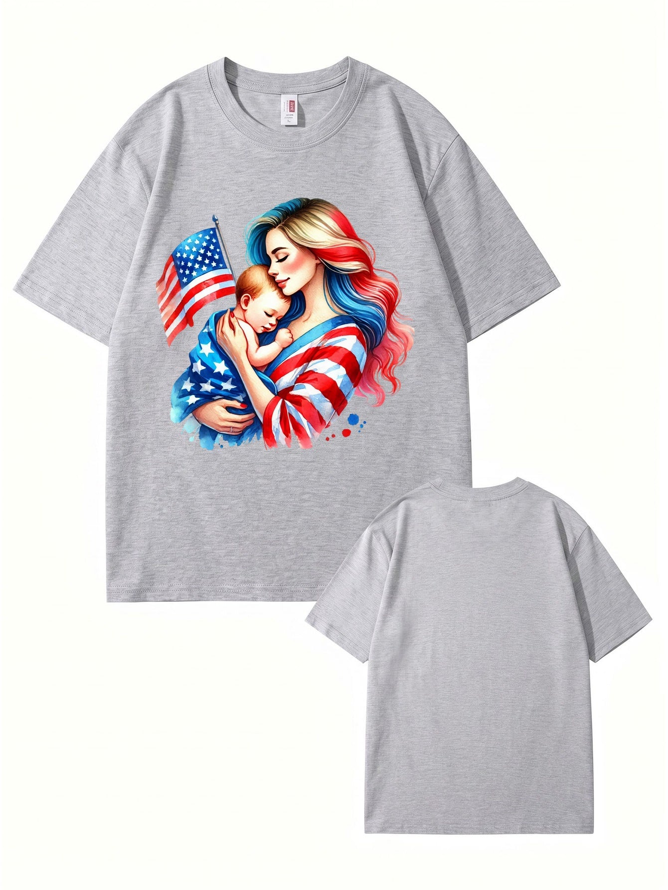American Flag Mom and Baby Graphic T-Shirt | Patriotic Motherhood Tee