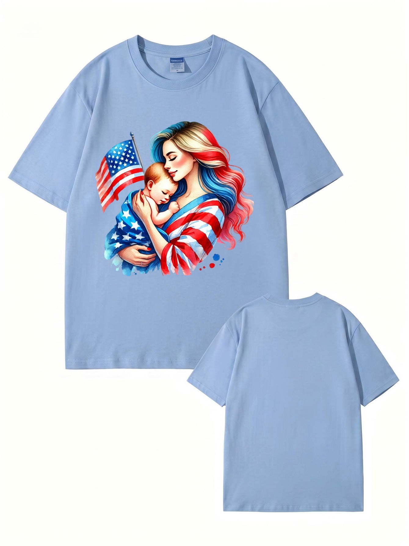 American Flag Mom and Baby Graphic T-Shirt | Patriotic Motherhood Tee