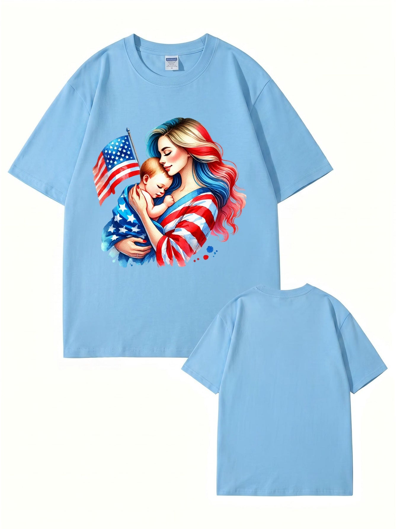 American Flag Mom and Baby Graphic T-Shirt | Patriotic Motherhood Tee