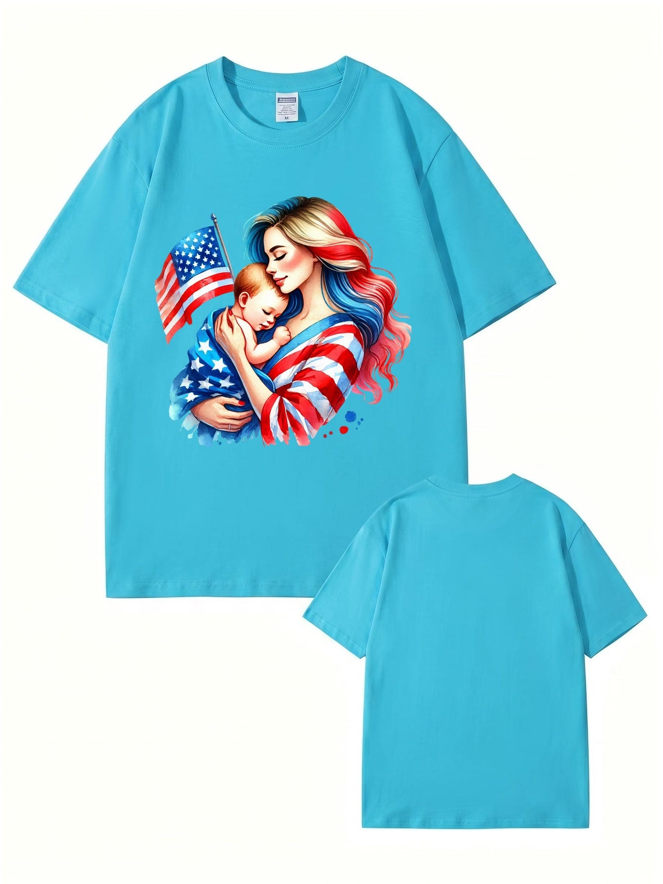 American Flag Mom and Baby Graphic T-Shirt | Patriotic Motherhood Tee