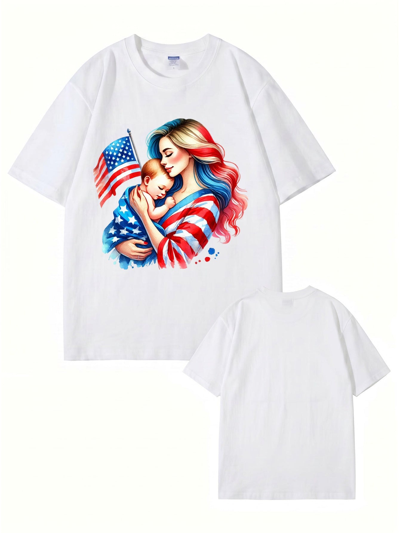 American Flag Mom and Baby Graphic T-Shirt | Patriotic Motherhood Tee