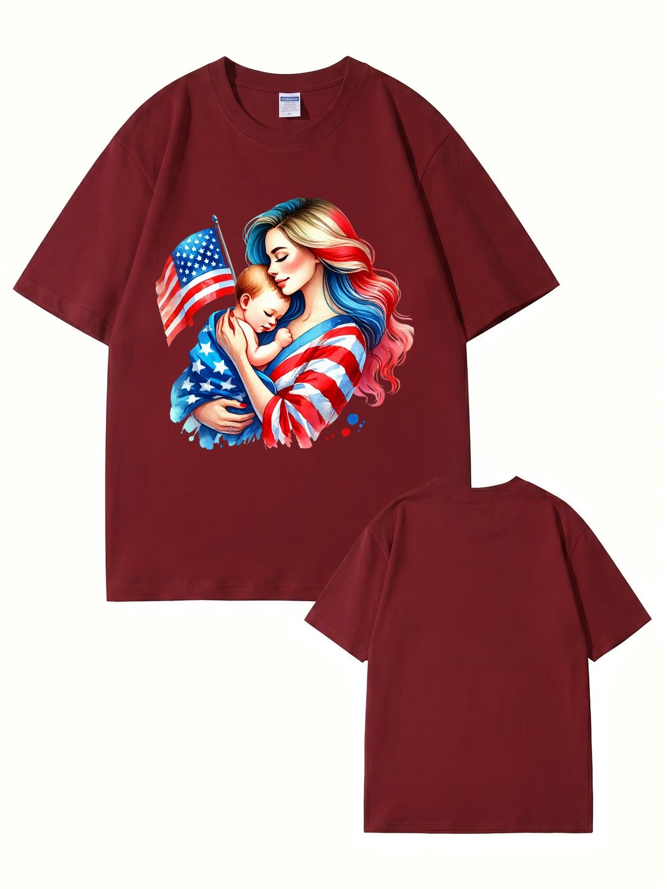American Flag Mom and Baby Graphic T-Shirt | Patriotic Motherhood Tee