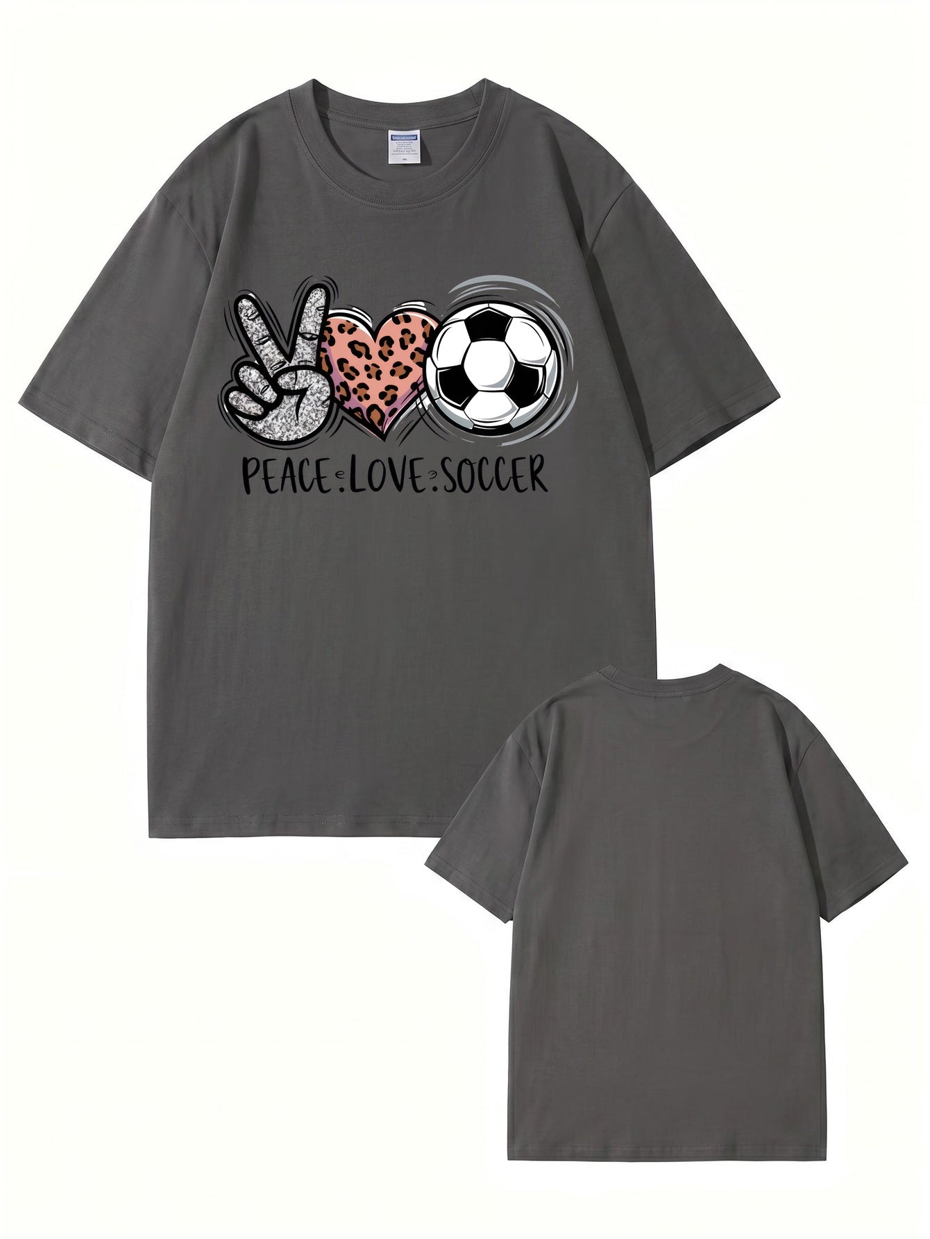 Peace Love Soccer Graphic Tee - Trendy Leopard Heart Sports Shirt