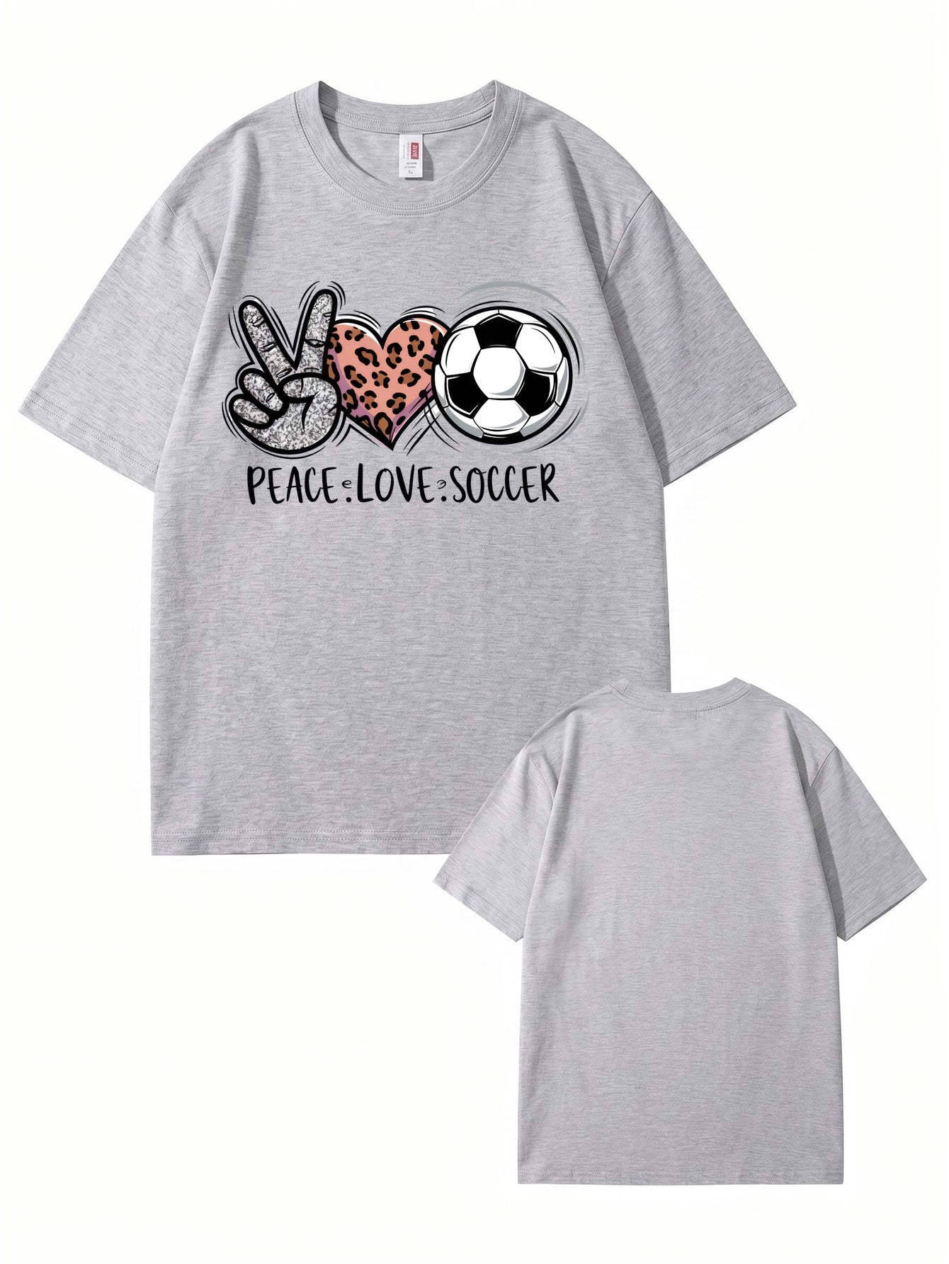 Peace Love Soccer Graphic Tee - Trendy Leopard Heart Sports Shirt
