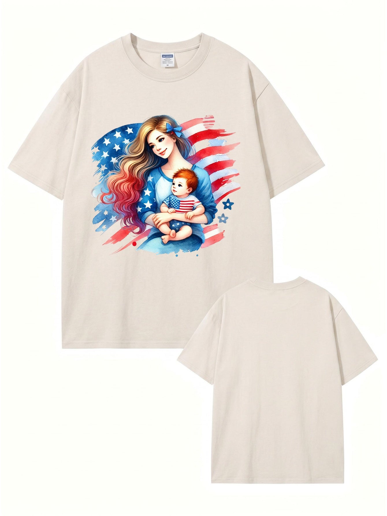 American Flag Mom & Baby Graphic Washed Vintage Cotton T-Shirt