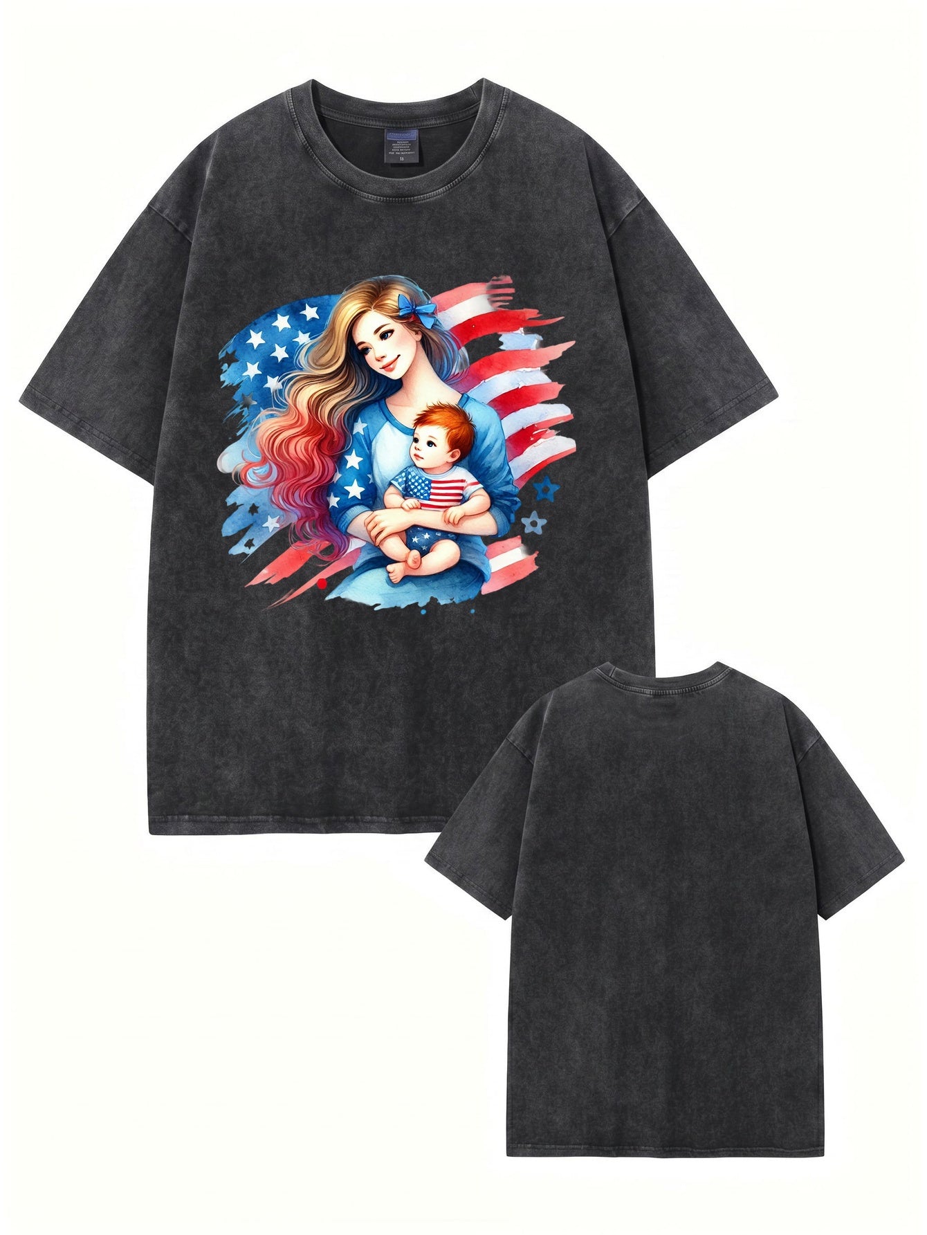 American Flag Mom & Baby Graphic Washed Vintage Cotton T-Shirt