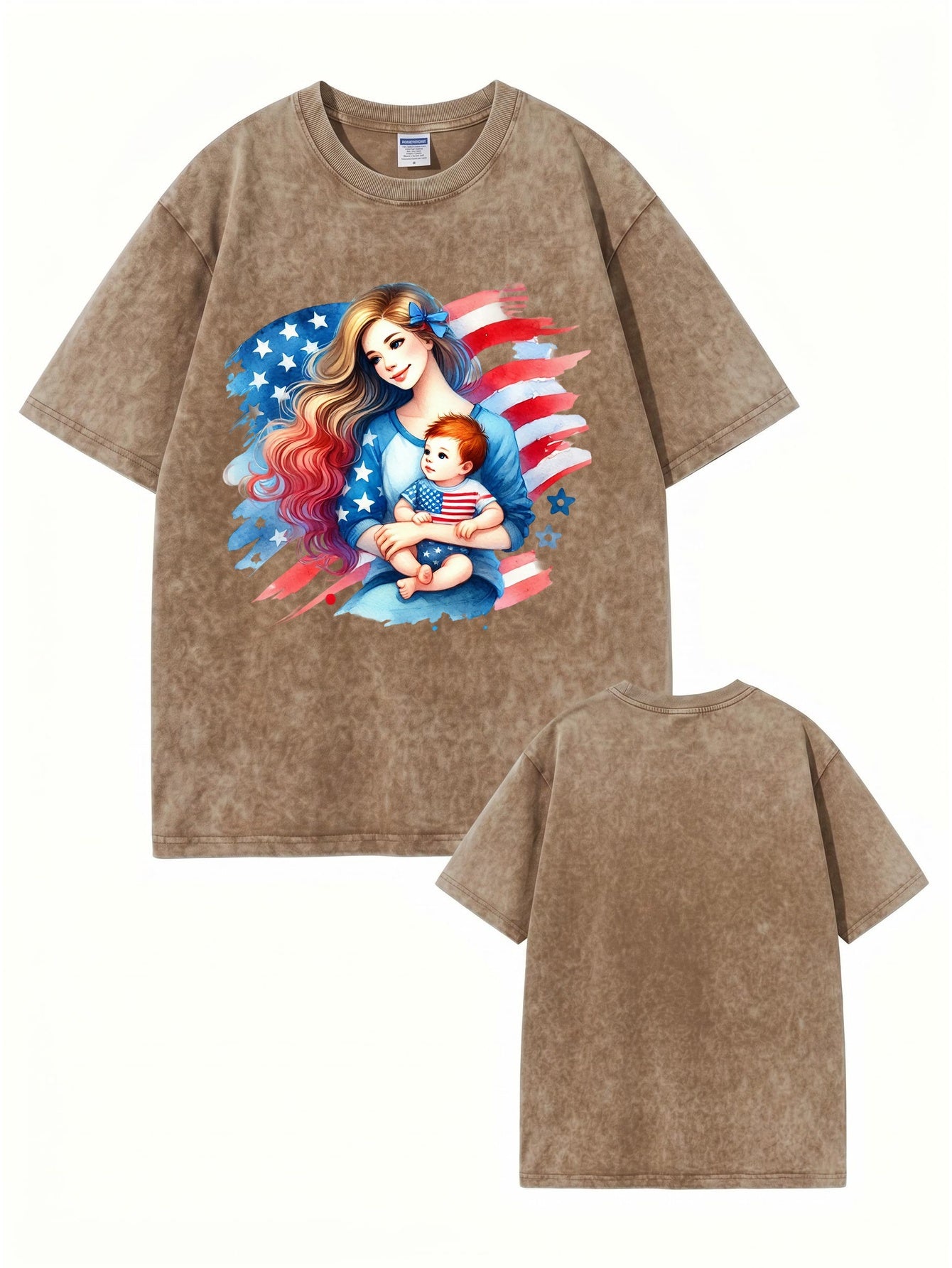 American Flag Mom & Baby Graphic Washed Vintage Cotton T-Shirt