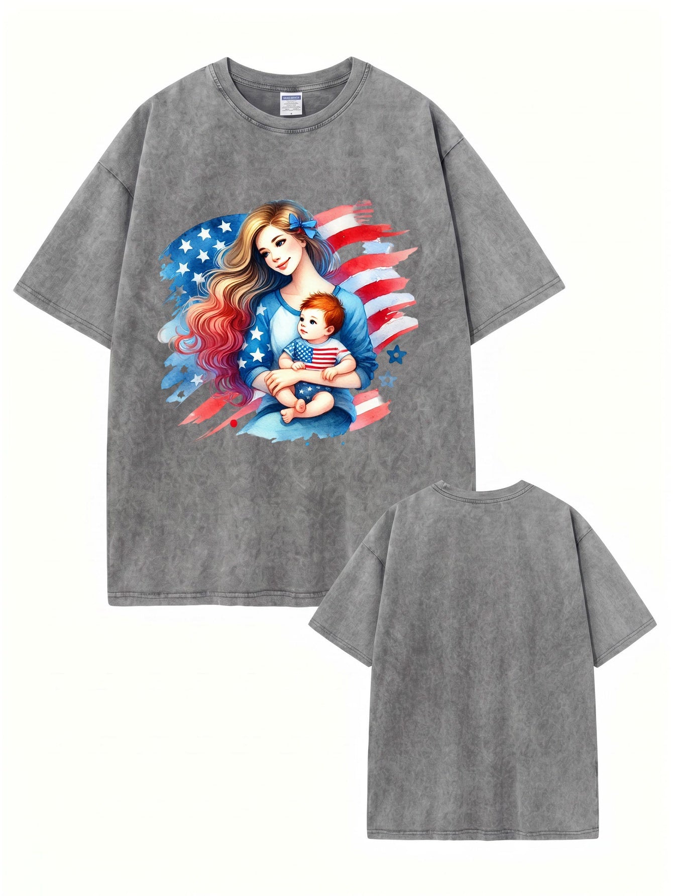 American Flag Mom & Baby Graphic Washed Vintage Cotton T-Shirt