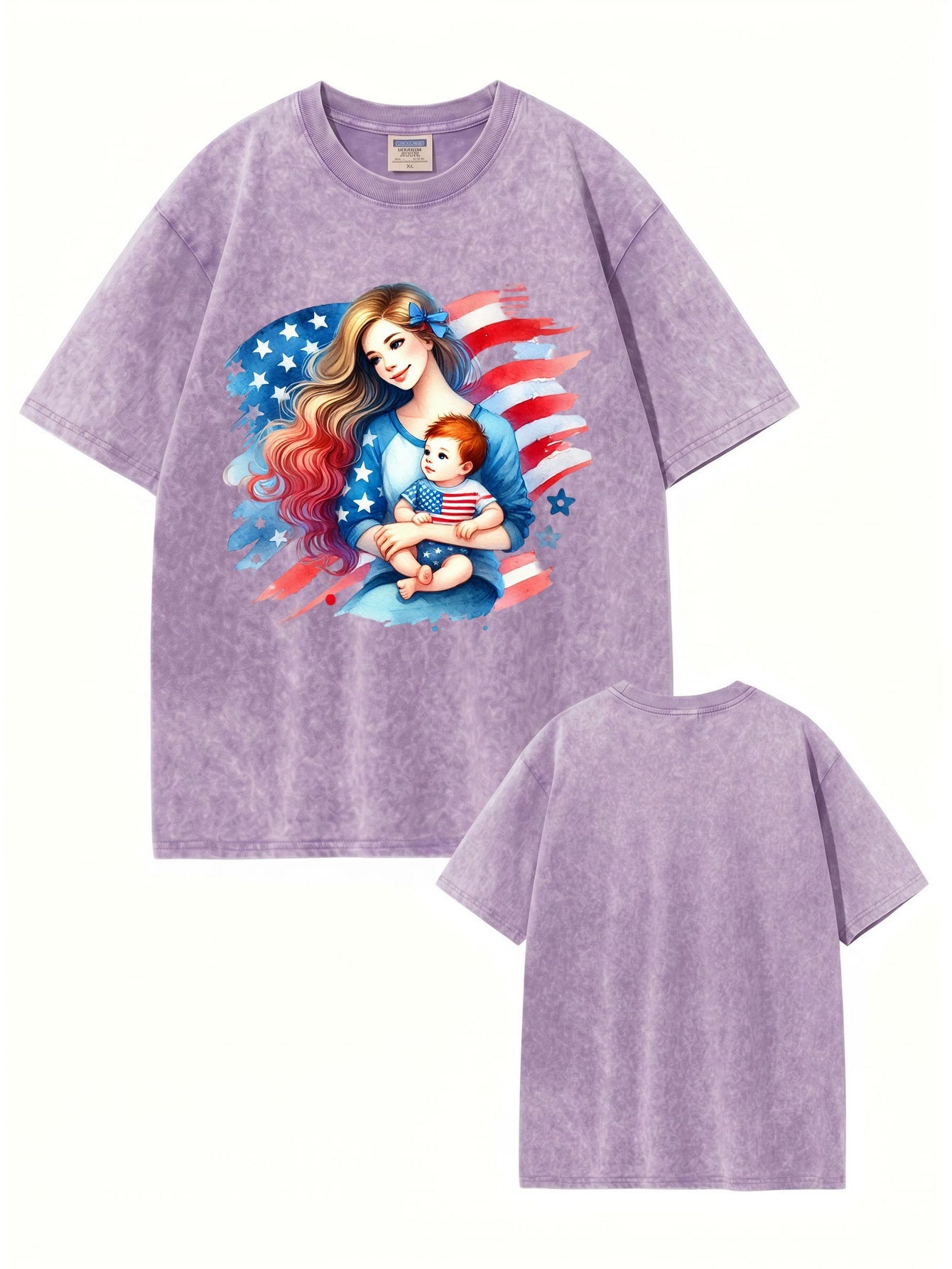 American Flag Mom & Baby Graphic Washed Vintage Cotton T-Shirt