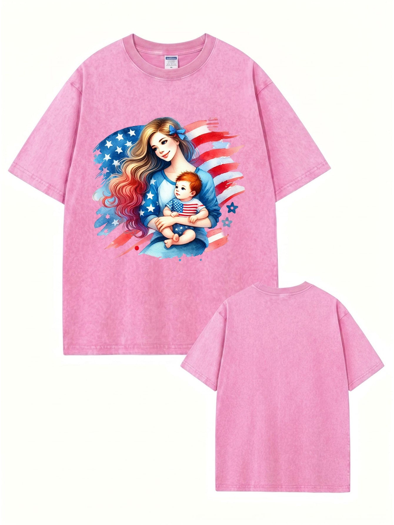 American Flag Mom & Baby Graphic Washed Vintage Cotton T-Shirt