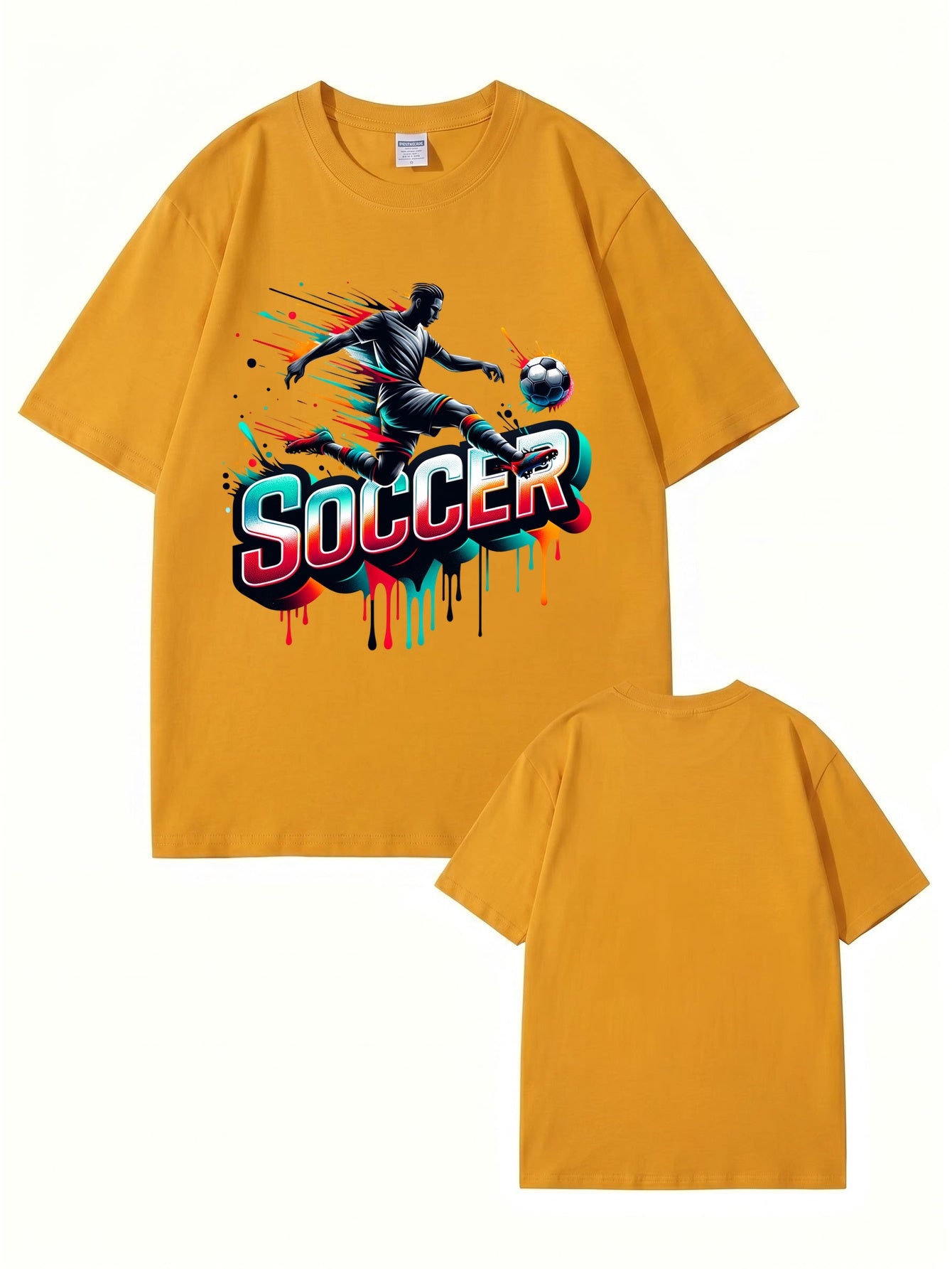 Neon Graffiti Soccer Player Graphic Print Men's 100% Cotton T-Shirt