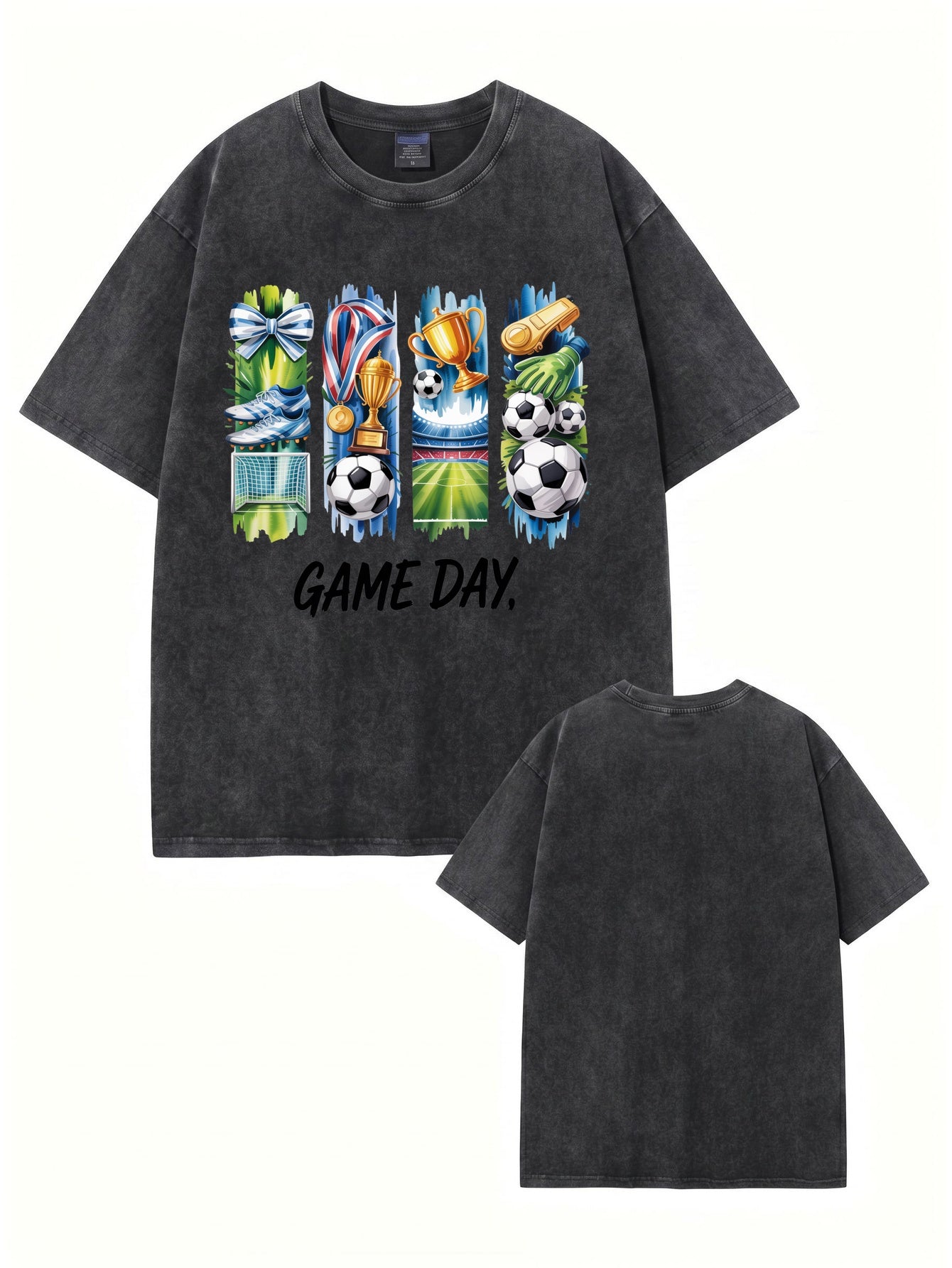 Vintage Washed Soccer Game Day Graphic T-Shirt - Premium 300gsm Cotton