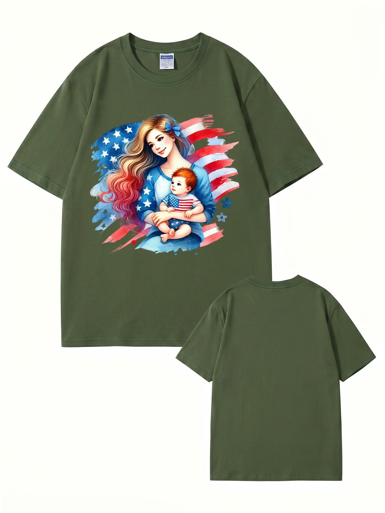 American Flag Mom and Baby Graphic Print Cotton T-Shirt