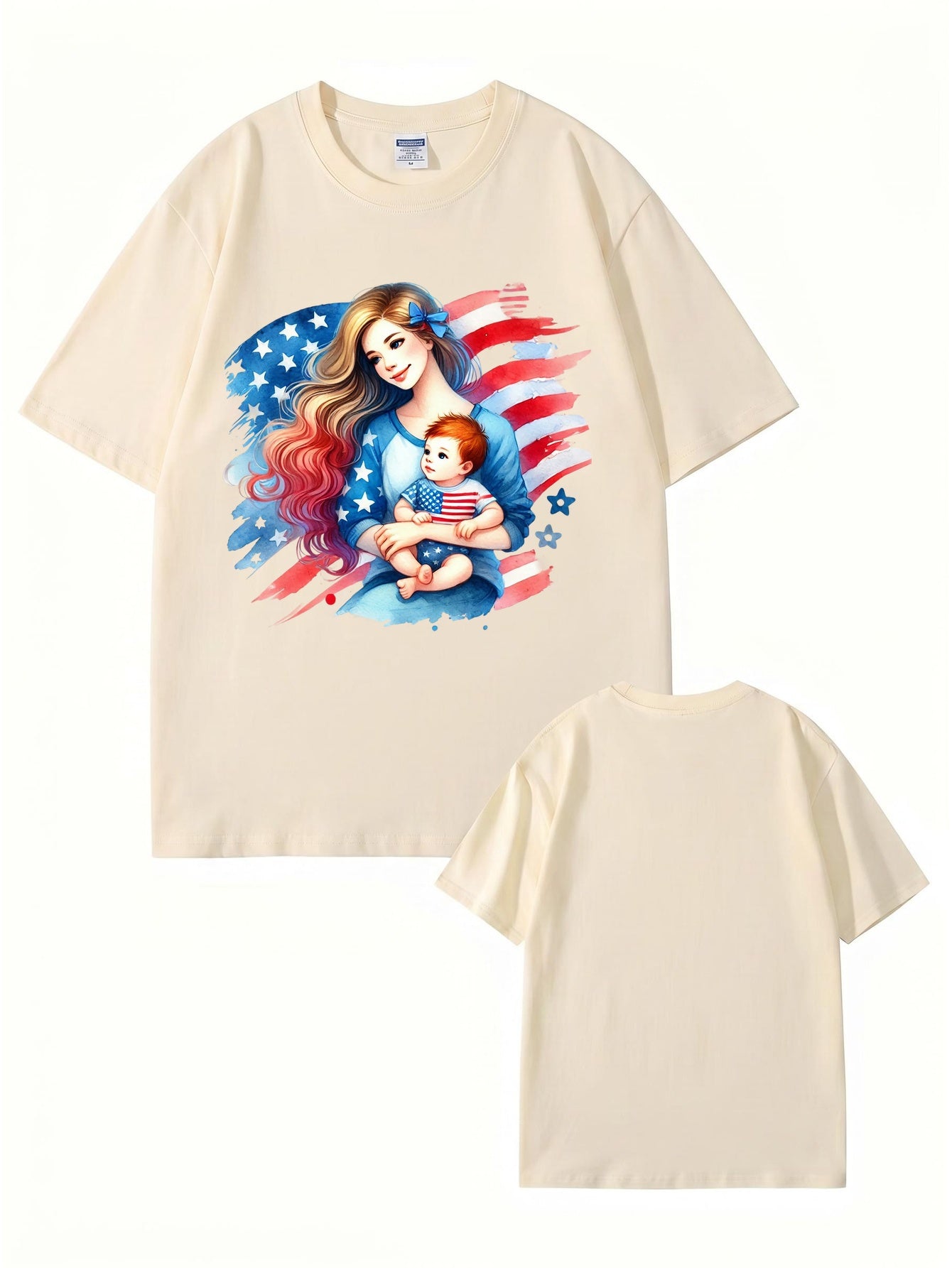 American Flag Mom and Baby Graphic Print Cotton T-Shirt