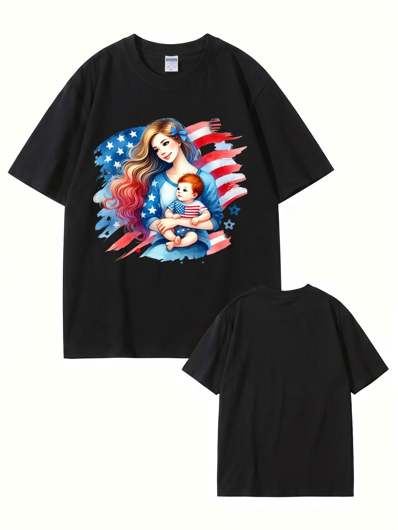 American Flag Mom and Baby Graphic Print Cotton T-Shirt