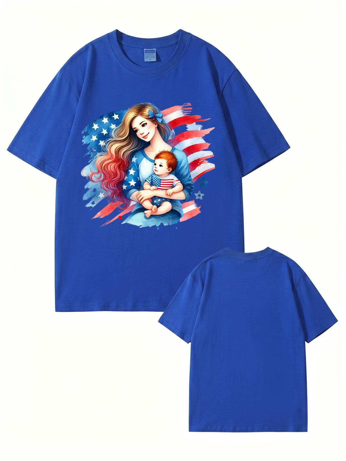 American Flag Mom and Baby Graphic Print Cotton T-Shirt