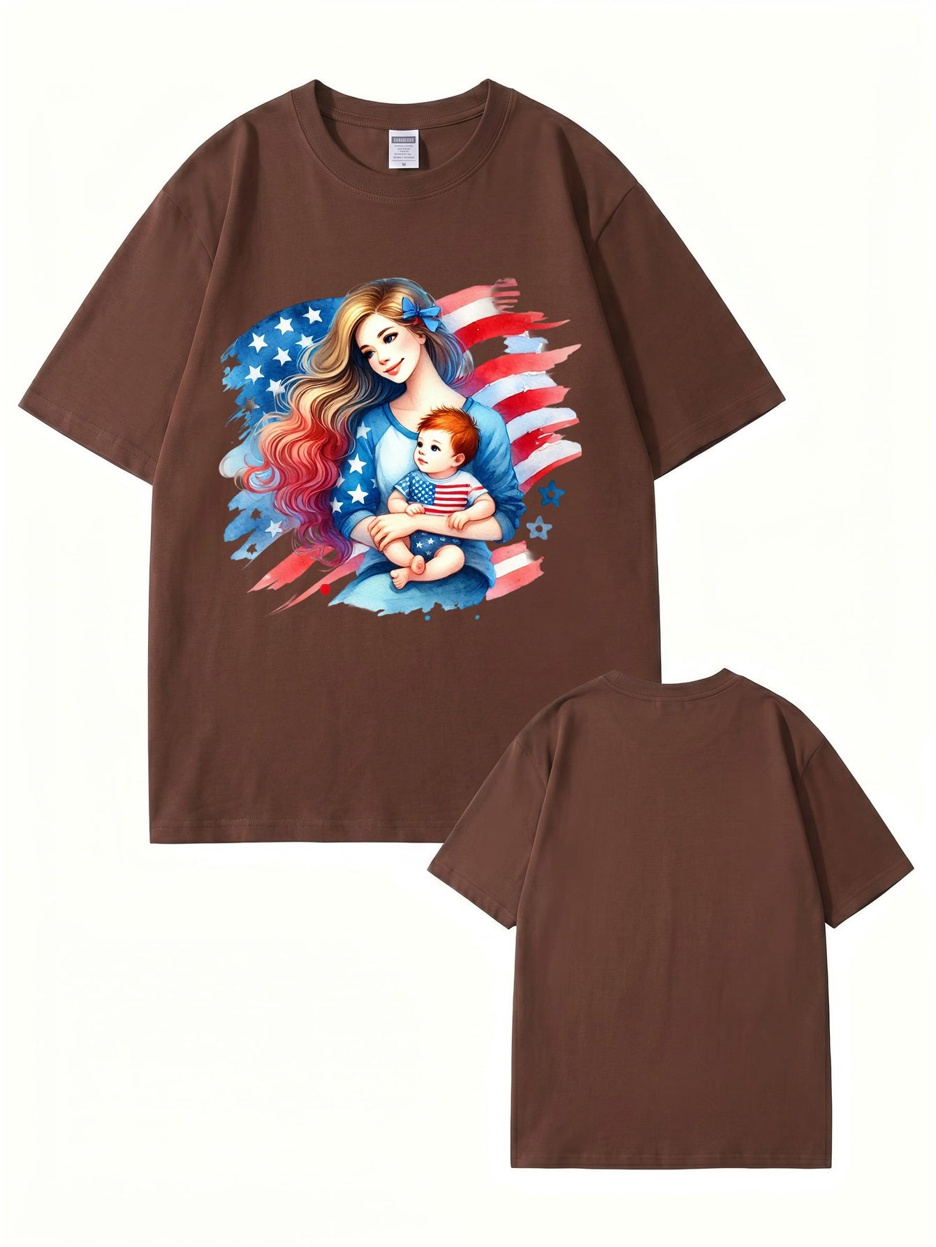 American Flag Mom and Baby Graphic Print Cotton T-Shirt