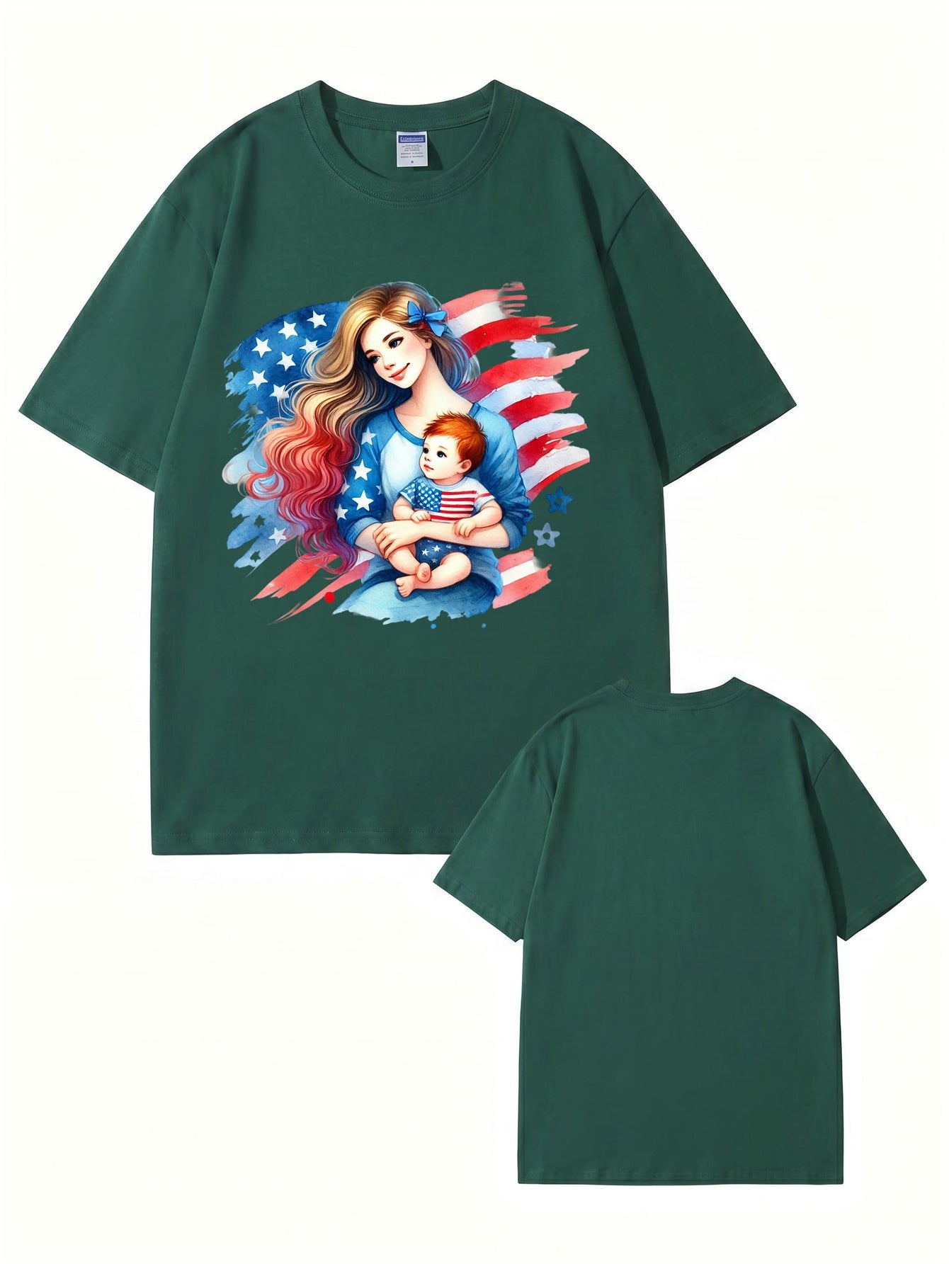 American Flag Mom and Baby Graphic Print Cotton T-Shirt