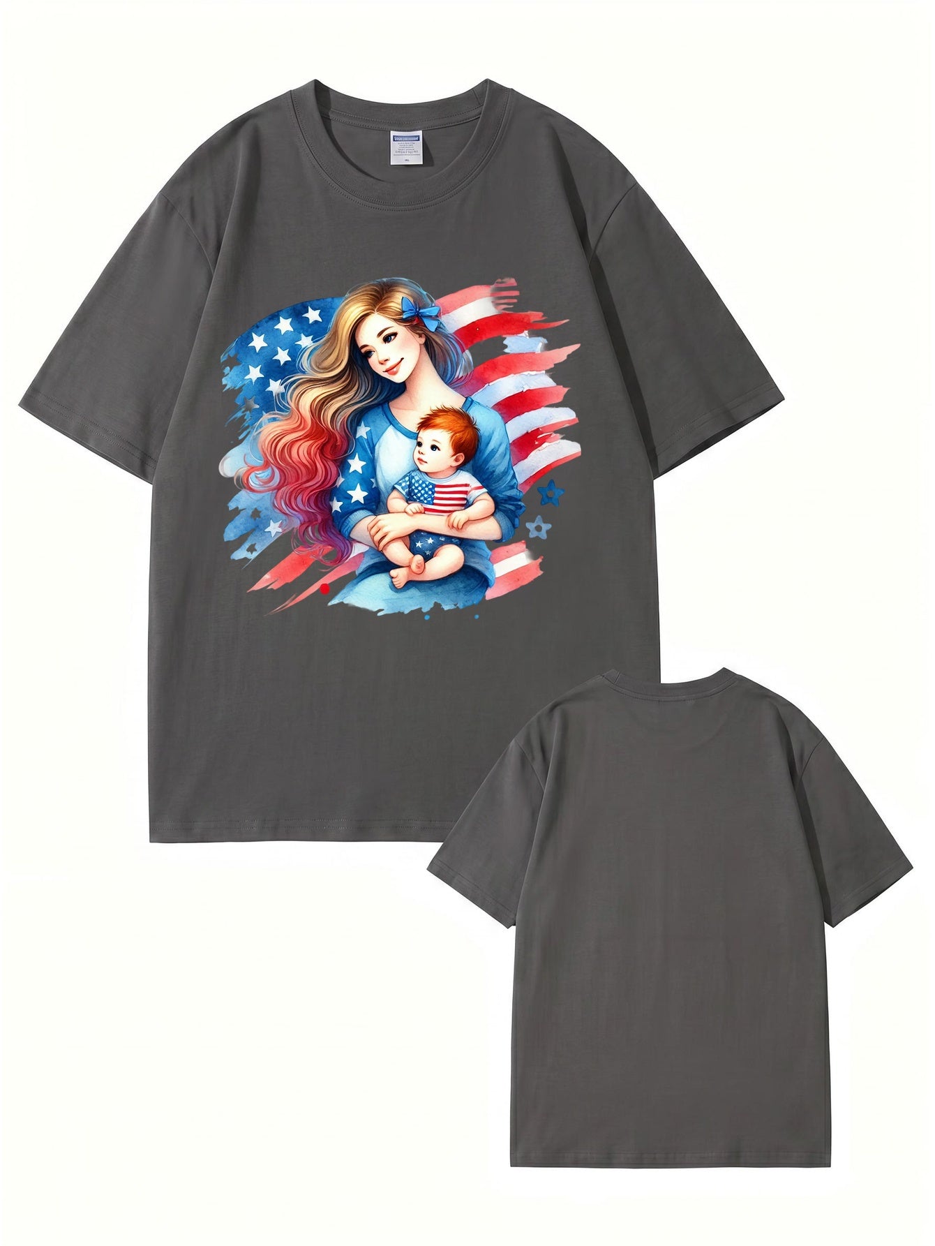 American Flag Mom and Baby Graphic Print Cotton T-Shirt