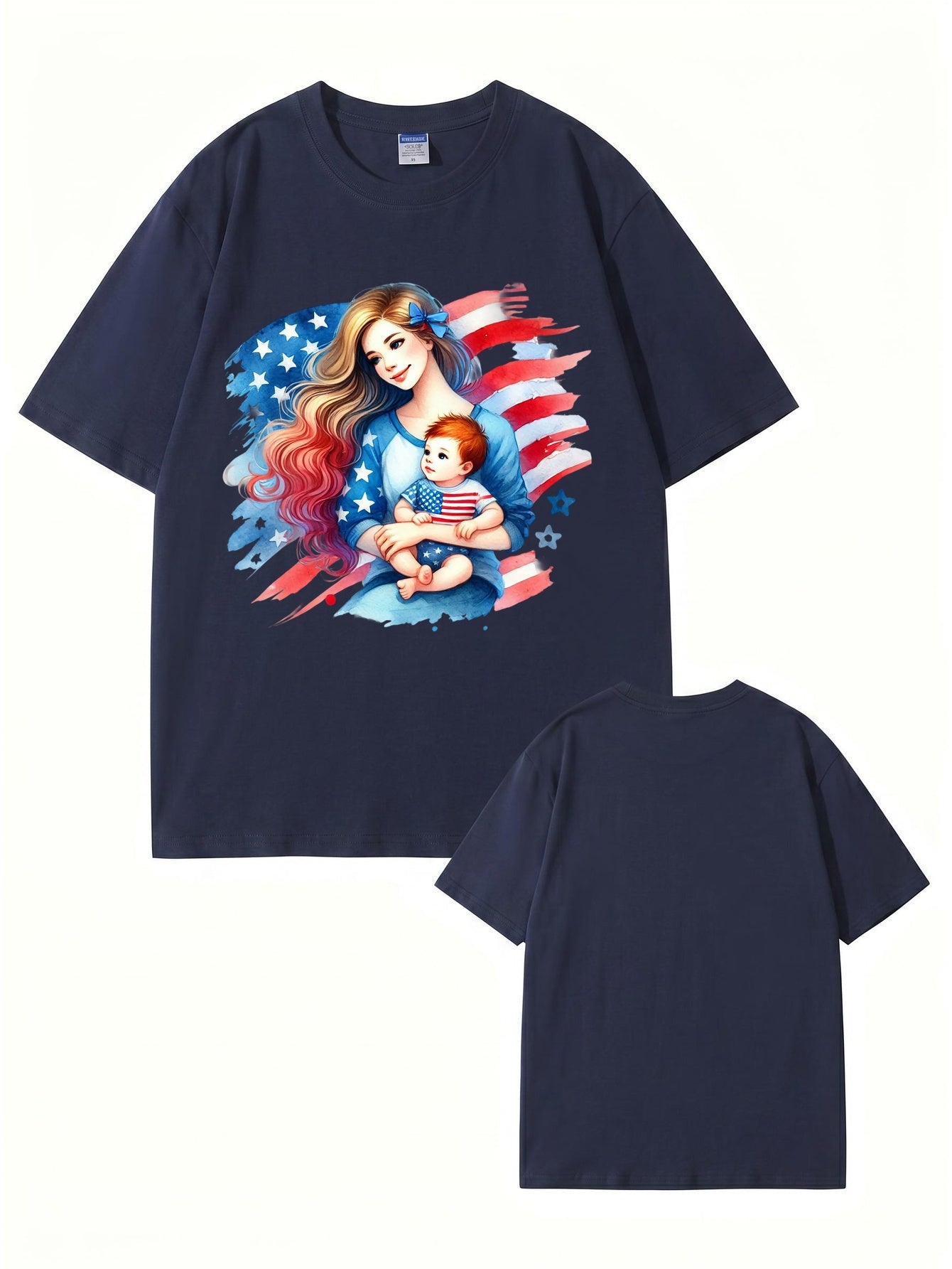 American Flag Mom and Baby Graphic Print Cotton T-Shirt