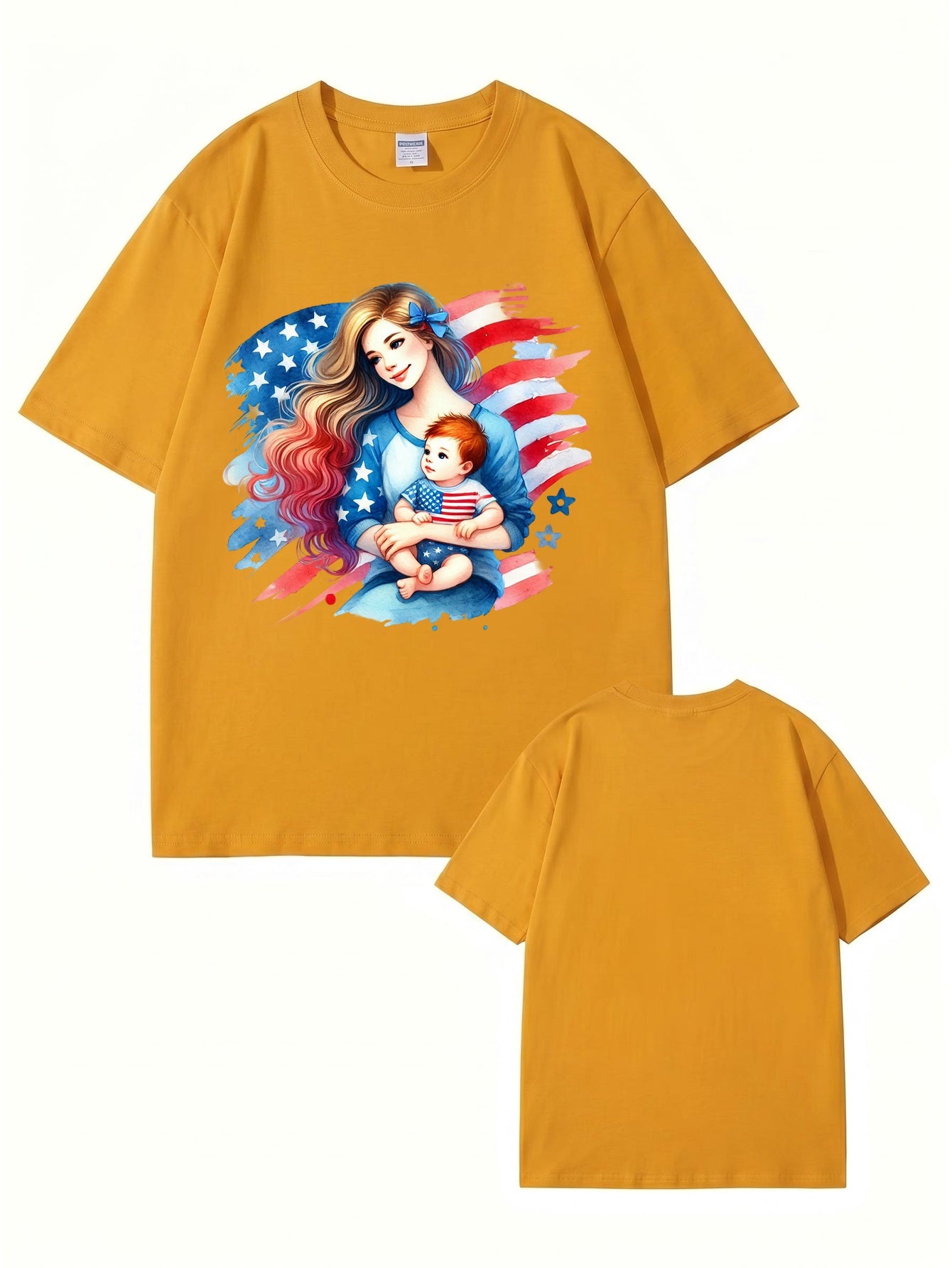 American Flag Mom and Baby Graphic Print Cotton T-Shirt