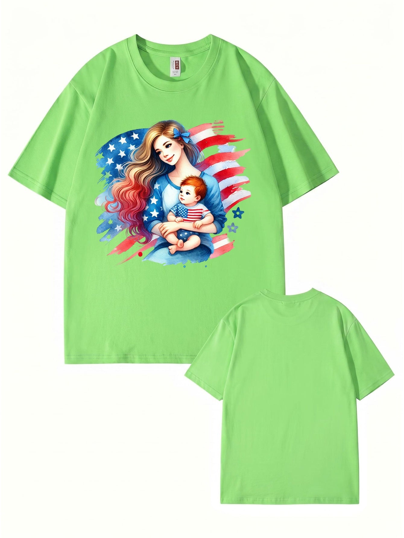 American Flag Mom and Baby Graphic Print Cotton T-Shirt