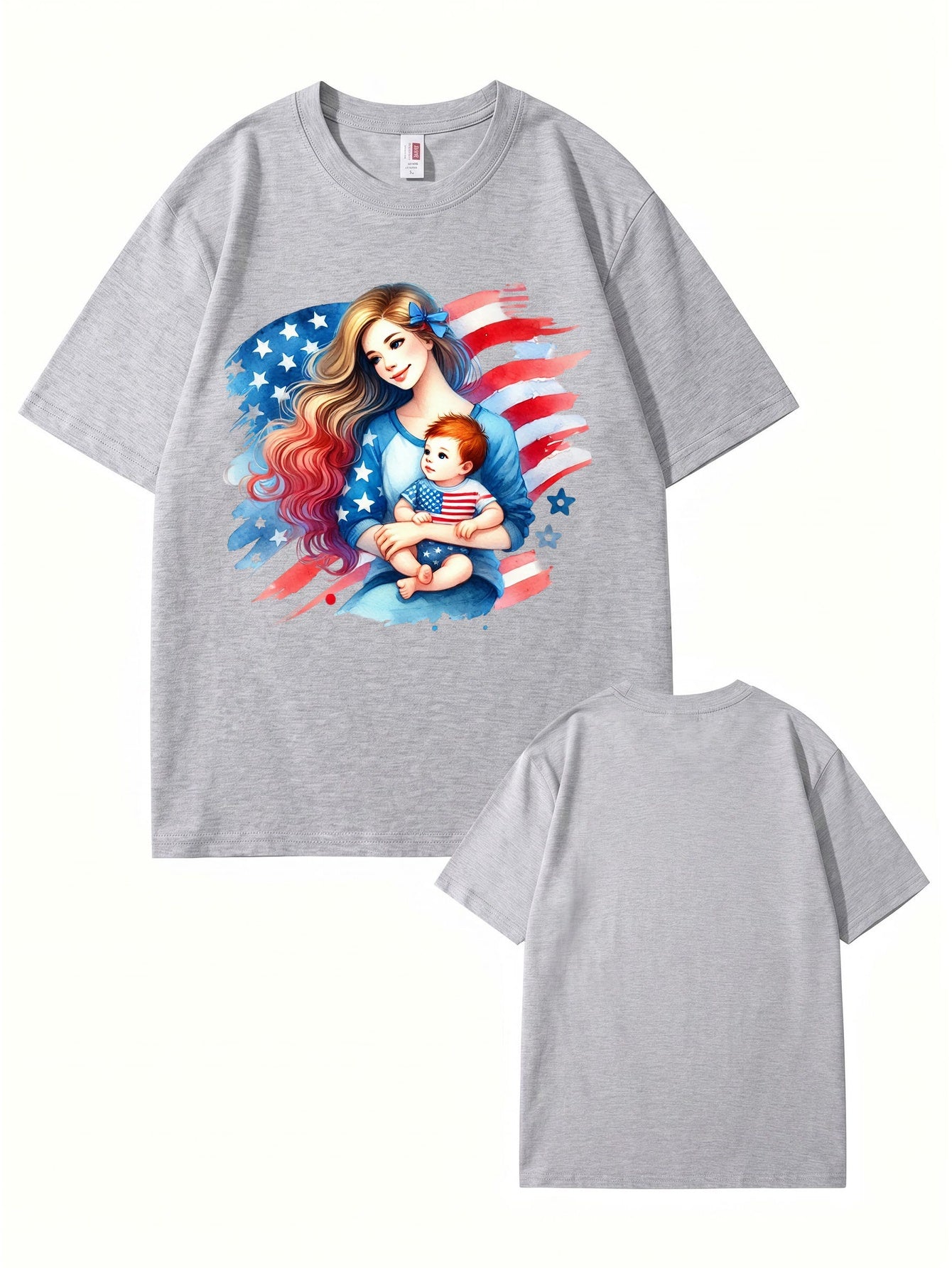 American Flag Mom and Baby Graphic Print Cotton T-Shirt