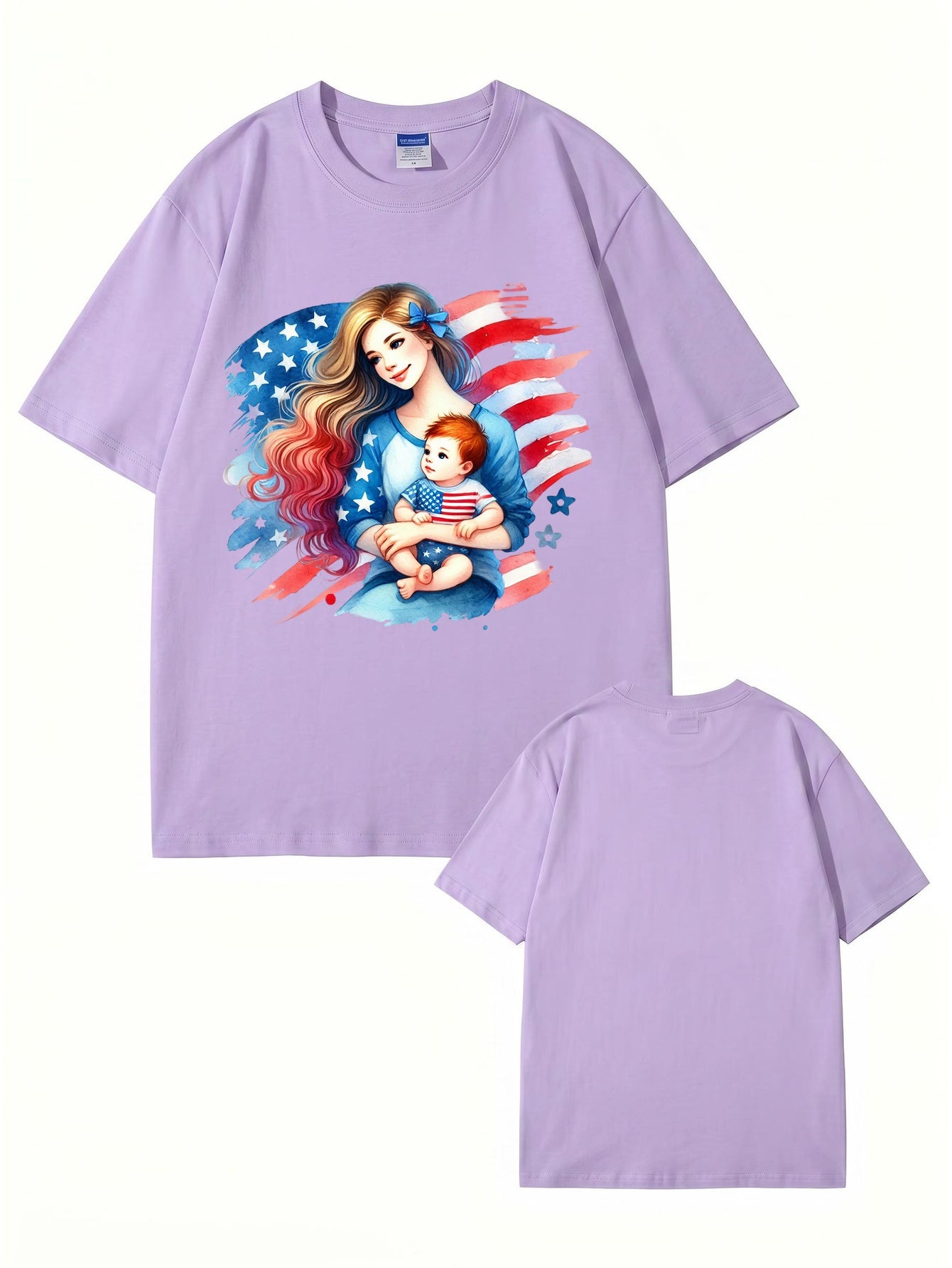 American Flag Mom and Baby Graphic Print Cotton T-Shirt