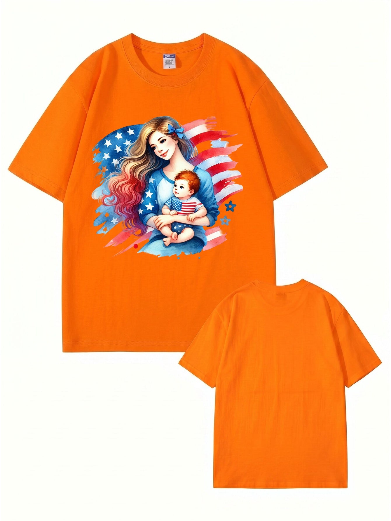 American Flag Mom and Baby Graphic Print Cotton T-Shirt