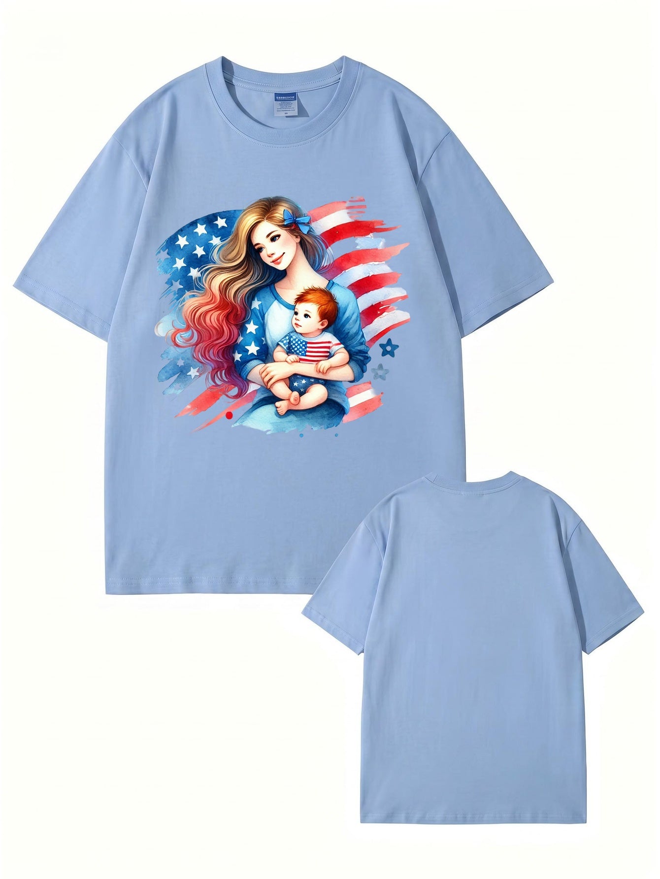 American Flag Mom and Baby Graphic Print Cotton T-Shirt