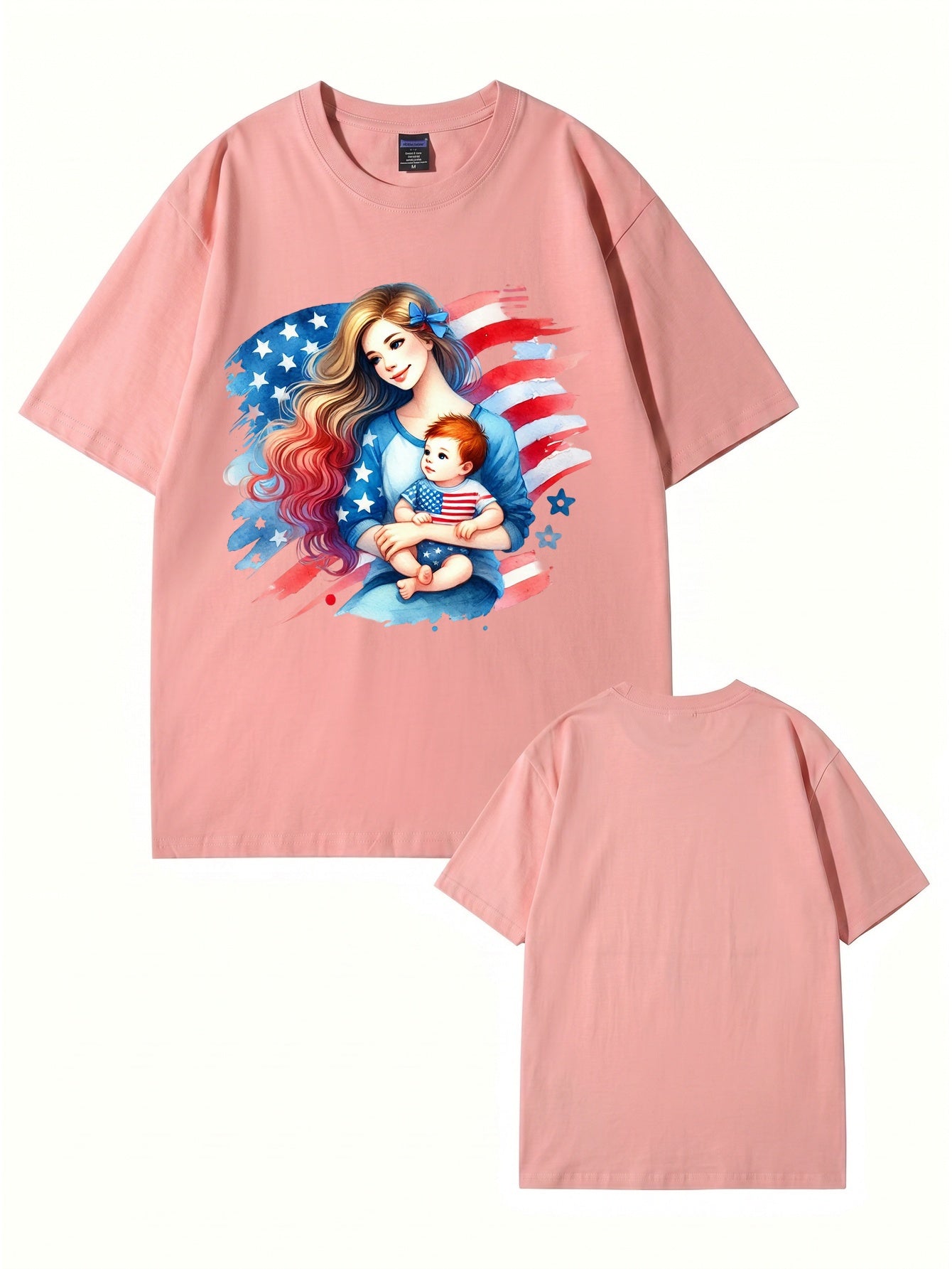 American Flag Mom and Baby Graphic Print Cotton T-Shirt