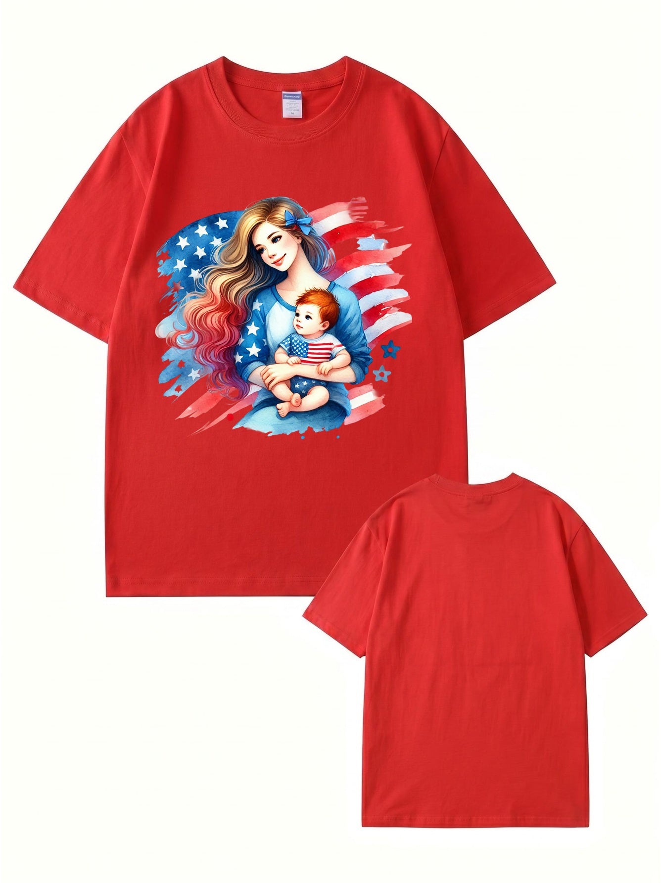 American Flag Mom and Baby Graphic Print Cotton T-Shirt
