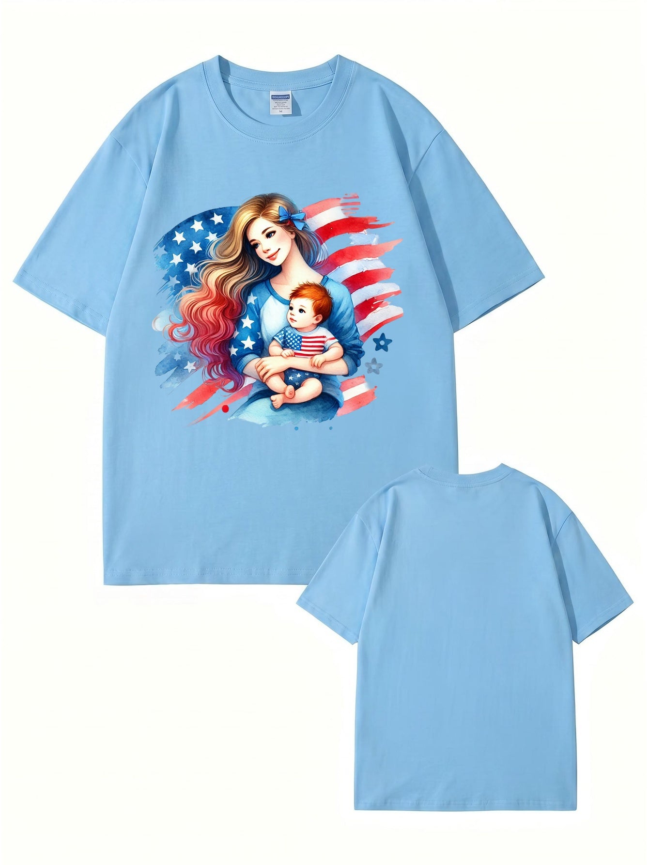 American Flag Mom and Baby Graphic Print Cotton T-Shirt