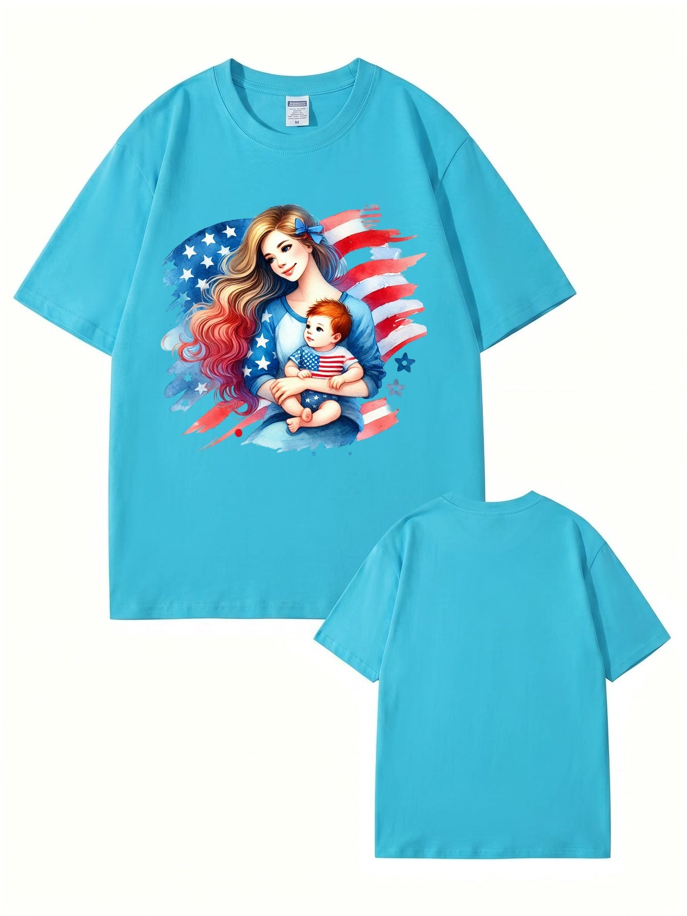 American Flag Mom and Baby Graphic Print Cotton T-Shirt