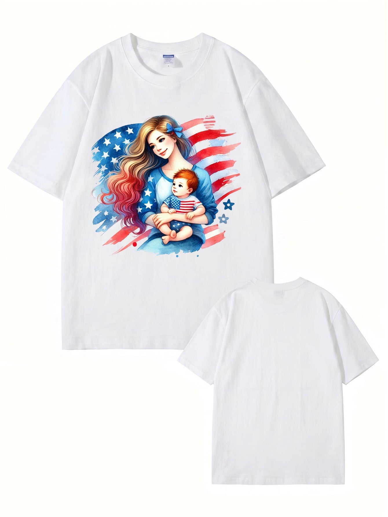 American Flag Mom and Baby Graphic Print Cotton T-Shirt