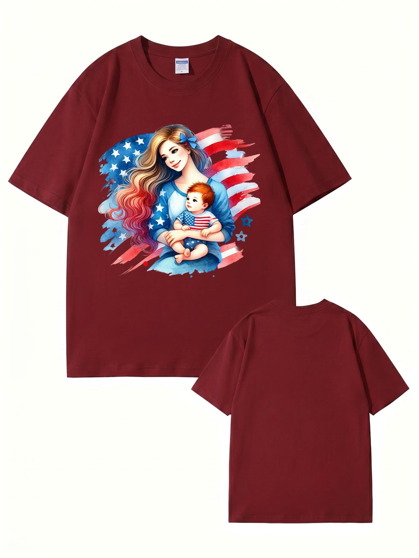 American Flag Mom and Baby Graphic Print Cotton T-Shirt