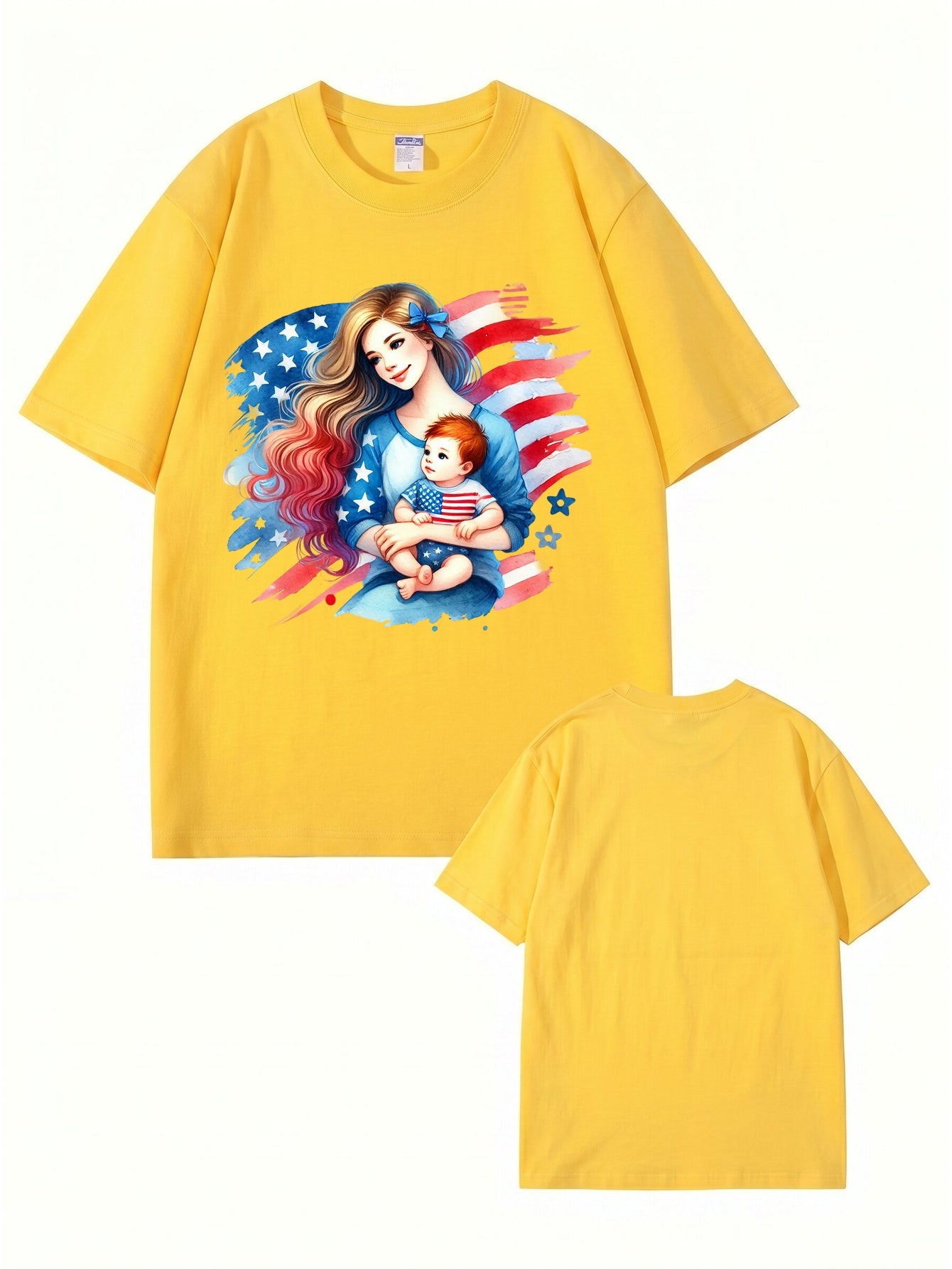 American Flag Mom and Baby Graphic Print Cotton T-Shirt