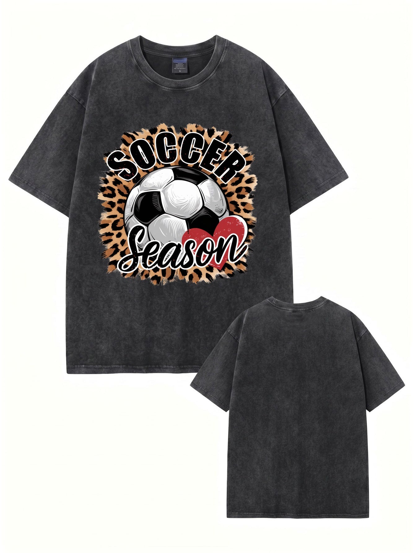 Soccer Season Leopard Heart Graphic Vintage Washed Cotton T-Shirt