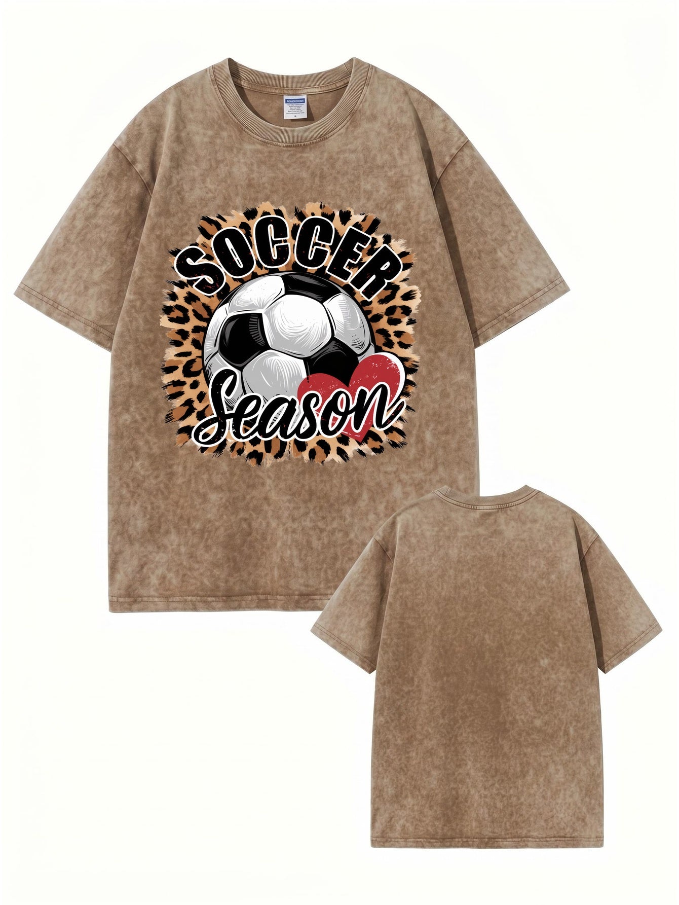 Soccer Season Leopard Heart Graphic Vintage Washed Cotton T-Shirt