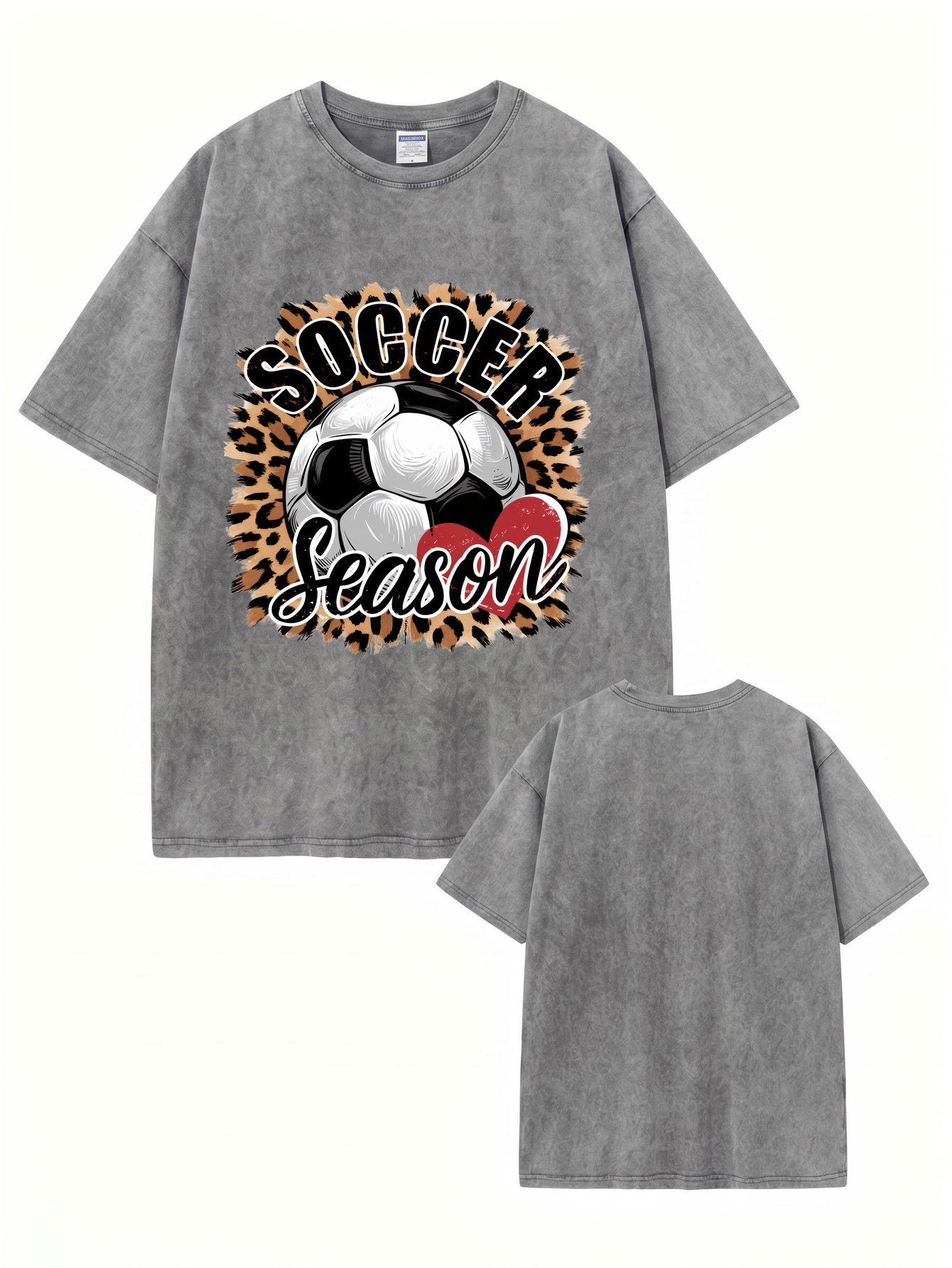 Soccer Season Leopard Heart Graphic Vintage Washed Cotton T-Shirt