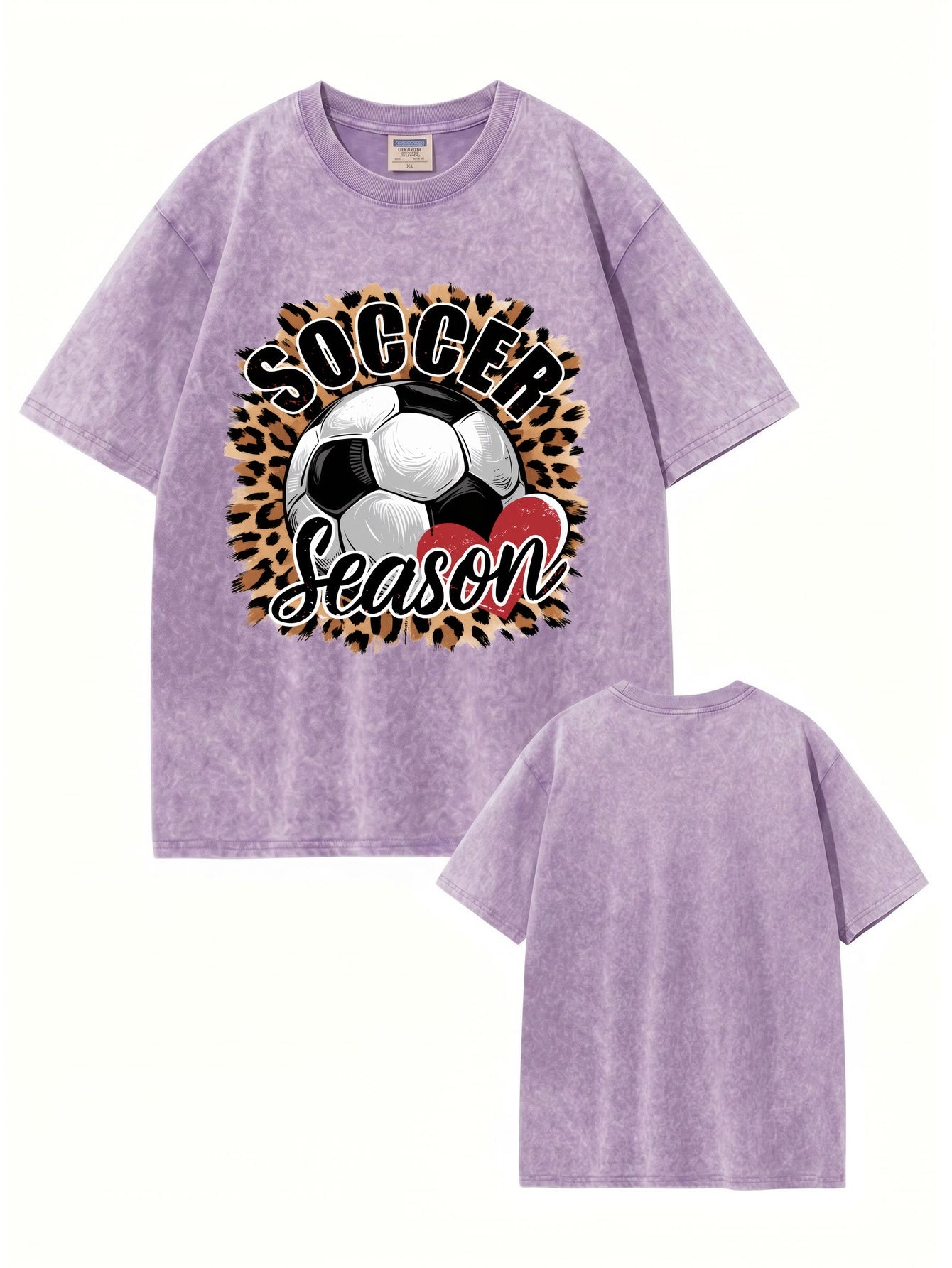 Soccer Season Leopard Heart Graphic Vintage Washed Cotton T-Shirt