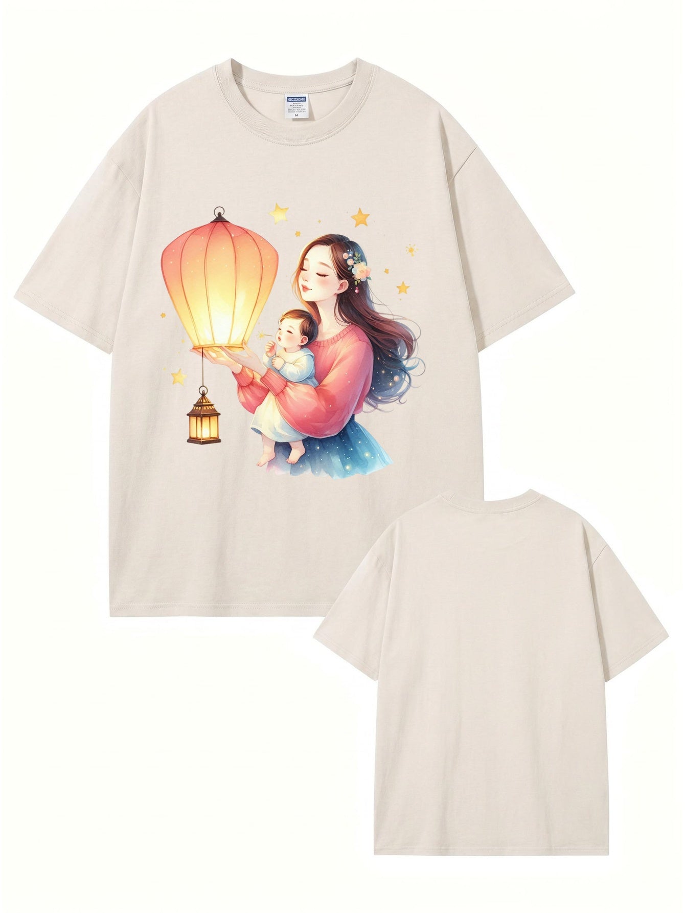 Vintage Washed Cotton T-Shirt: Mother & Baby Lantern Graphic Print Tee