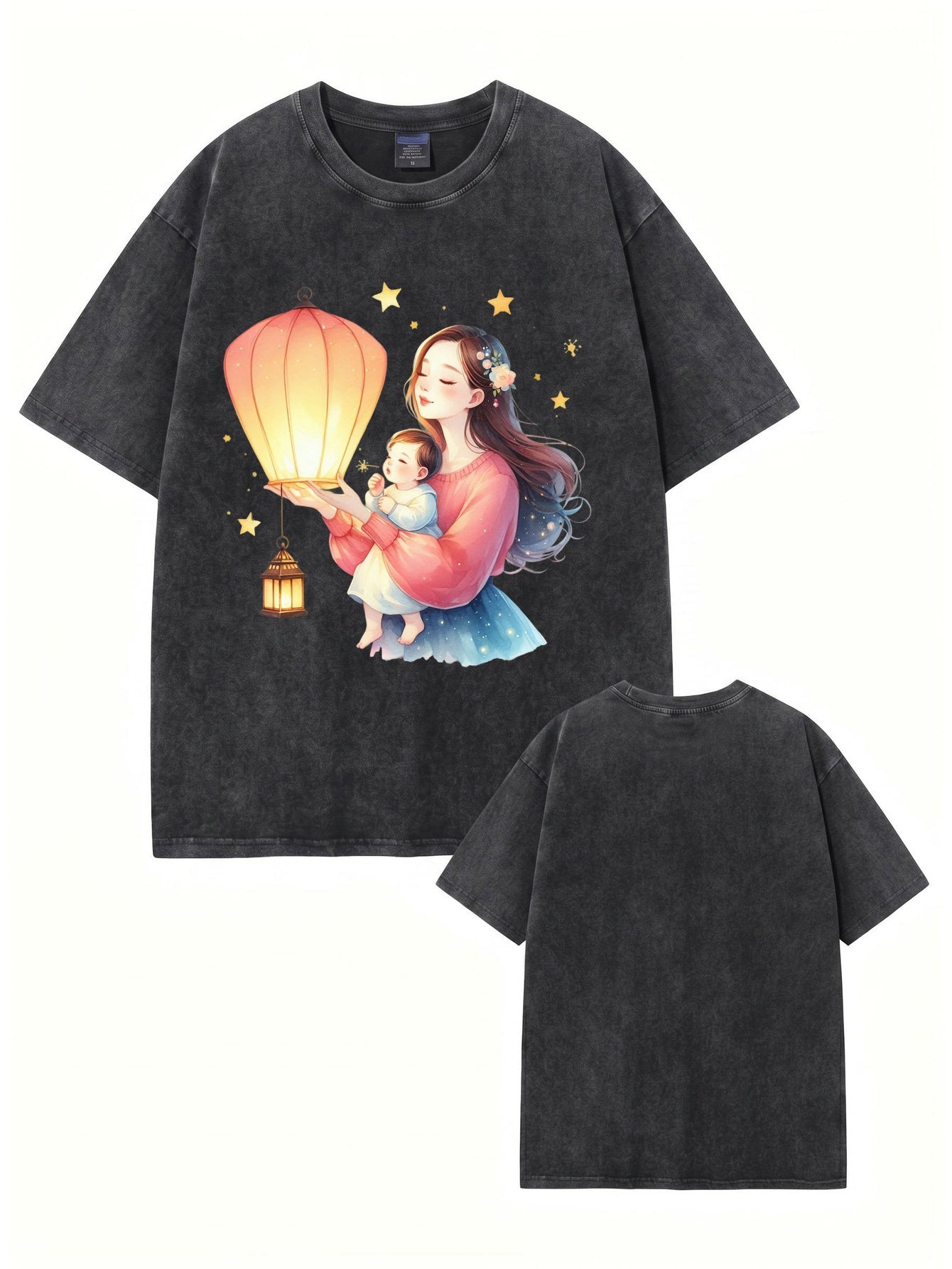 Vintage Washed Cotton T-Shirt: Mother & Baby Lantern Graphic Print Tee