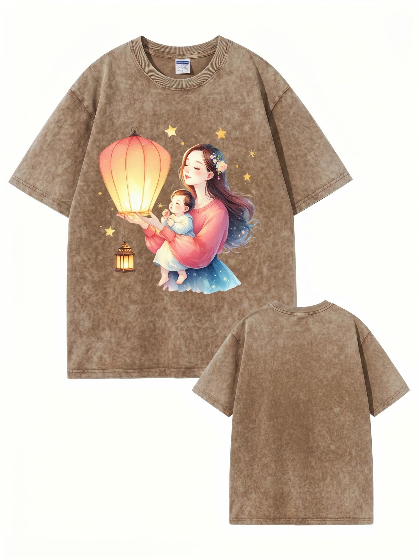 Vintage Washed Cotton T-Shirt: Mother & Baby Lantern Graphic Print Tee