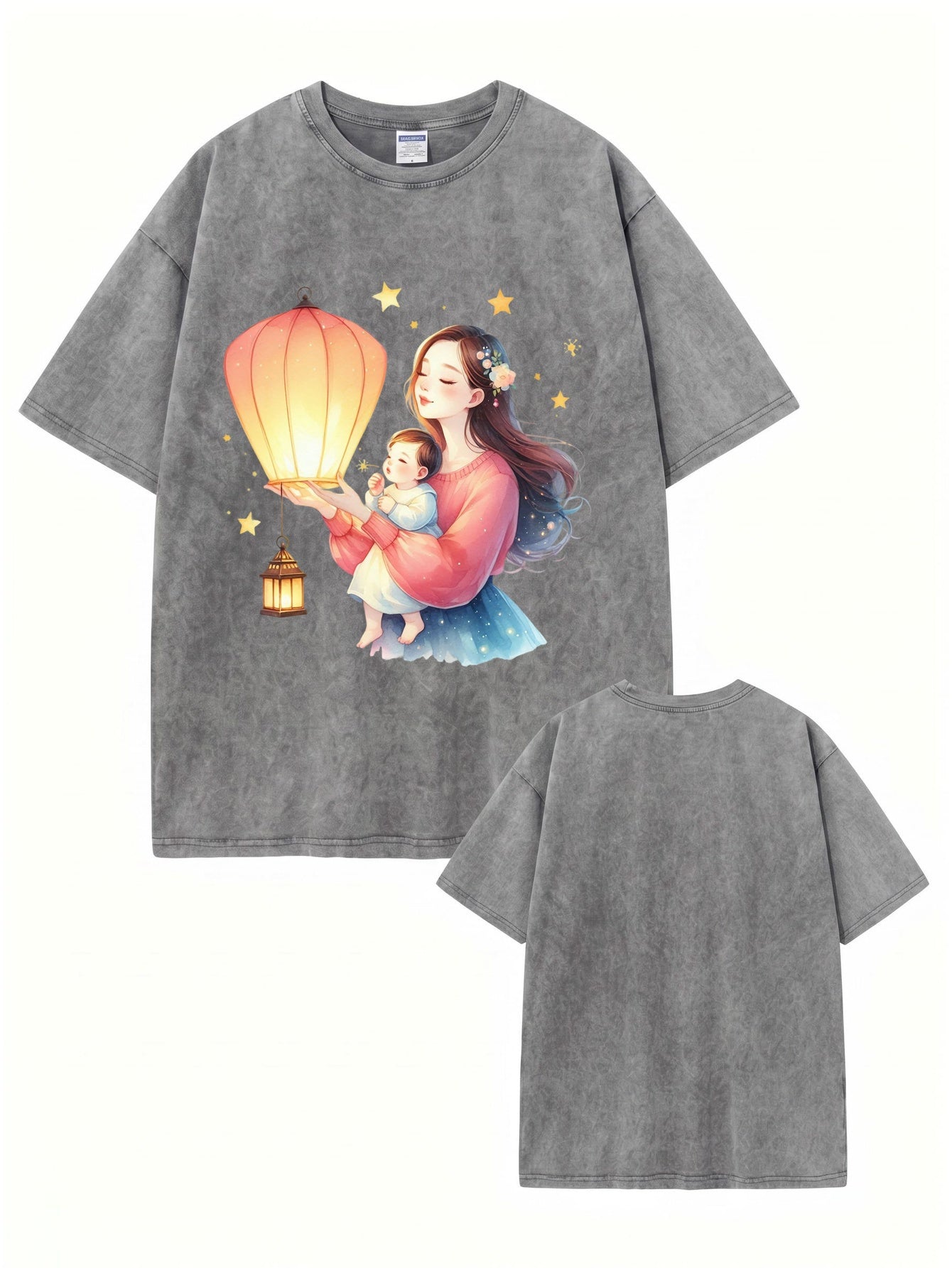 Vintage Washed Cotton T-Shirt: Mother & Baby Lantern Graphic Print Tee