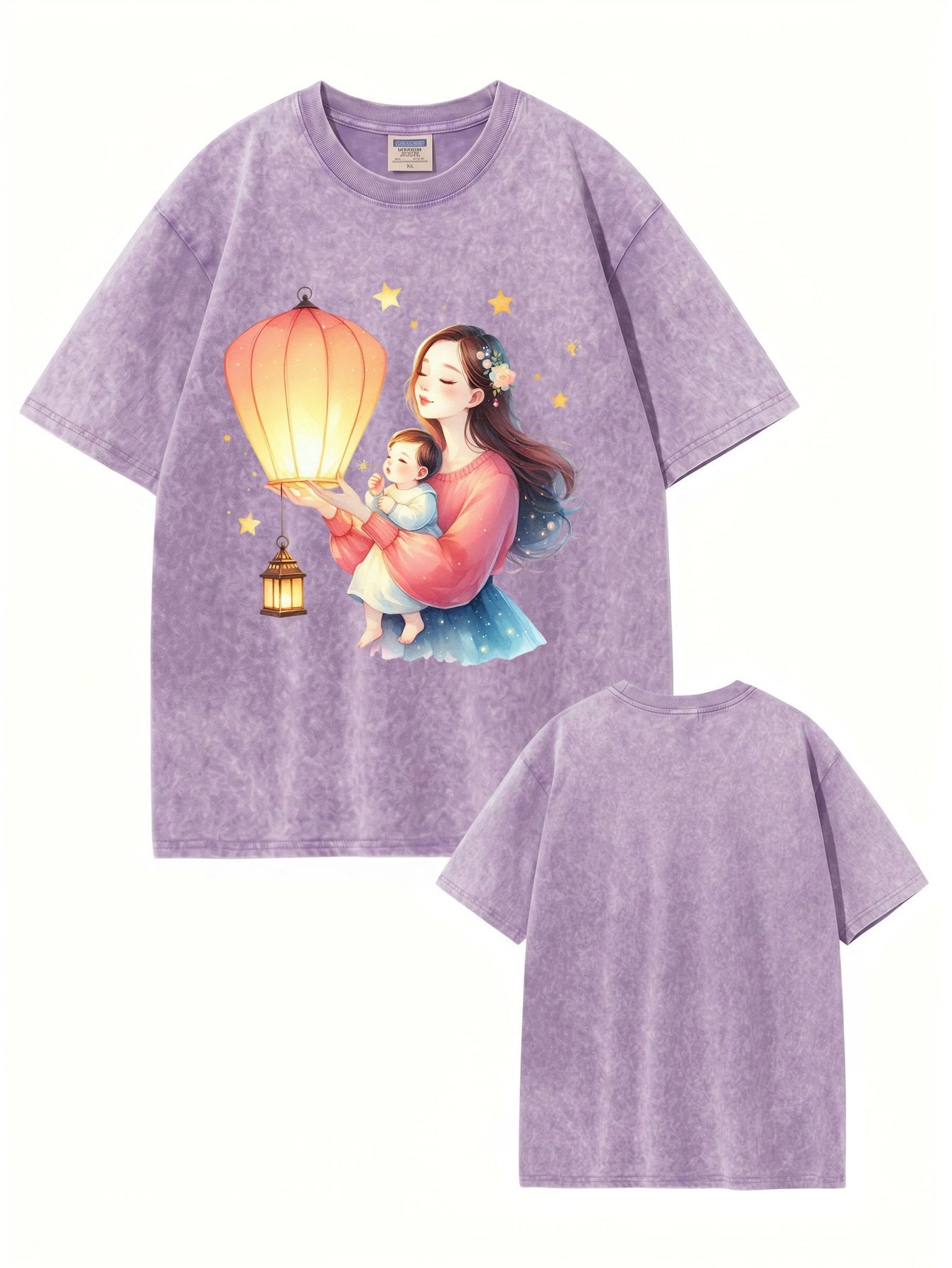 Vintage Washed Cotton T-Shirt: Mother & Baby Lantern Graphic Print Tee