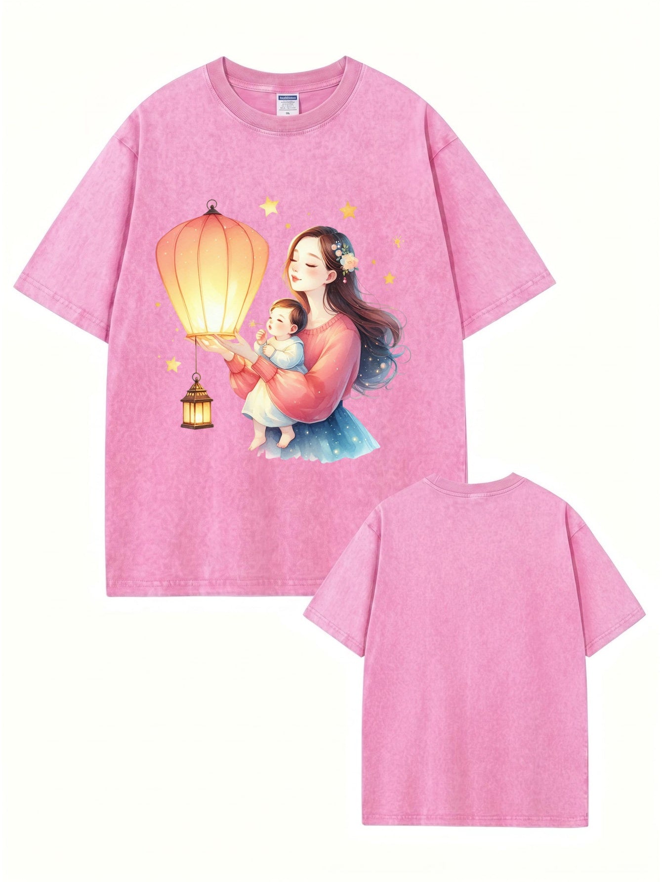 Vintage Washed Cotton T-Shirt: Mother & Baby Lantern Graphic Print Tee