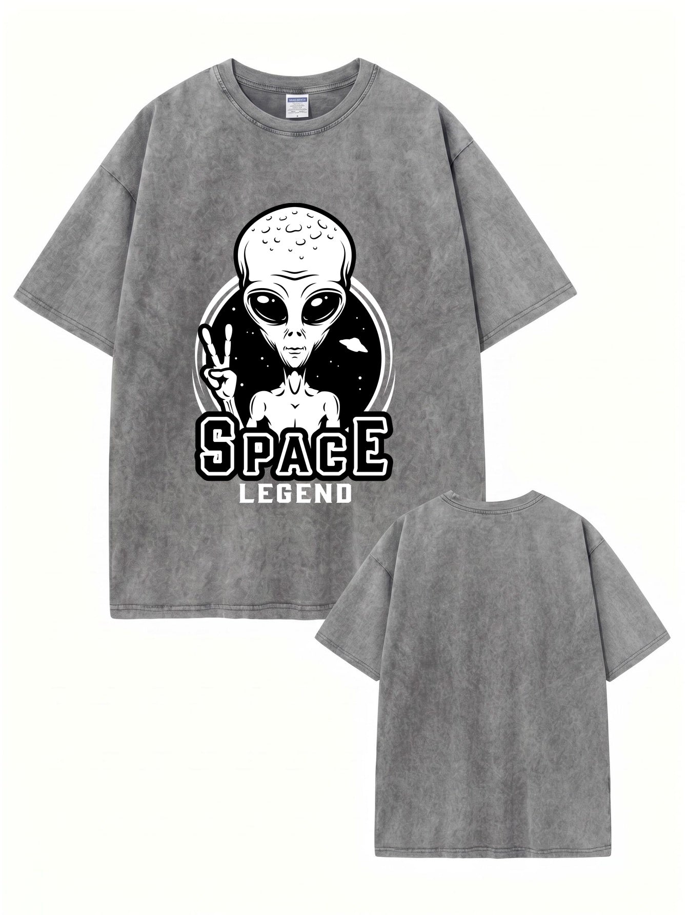 Space Legend Alien Graphic Vintage Washed Heavyweight Cotton T-Shirt