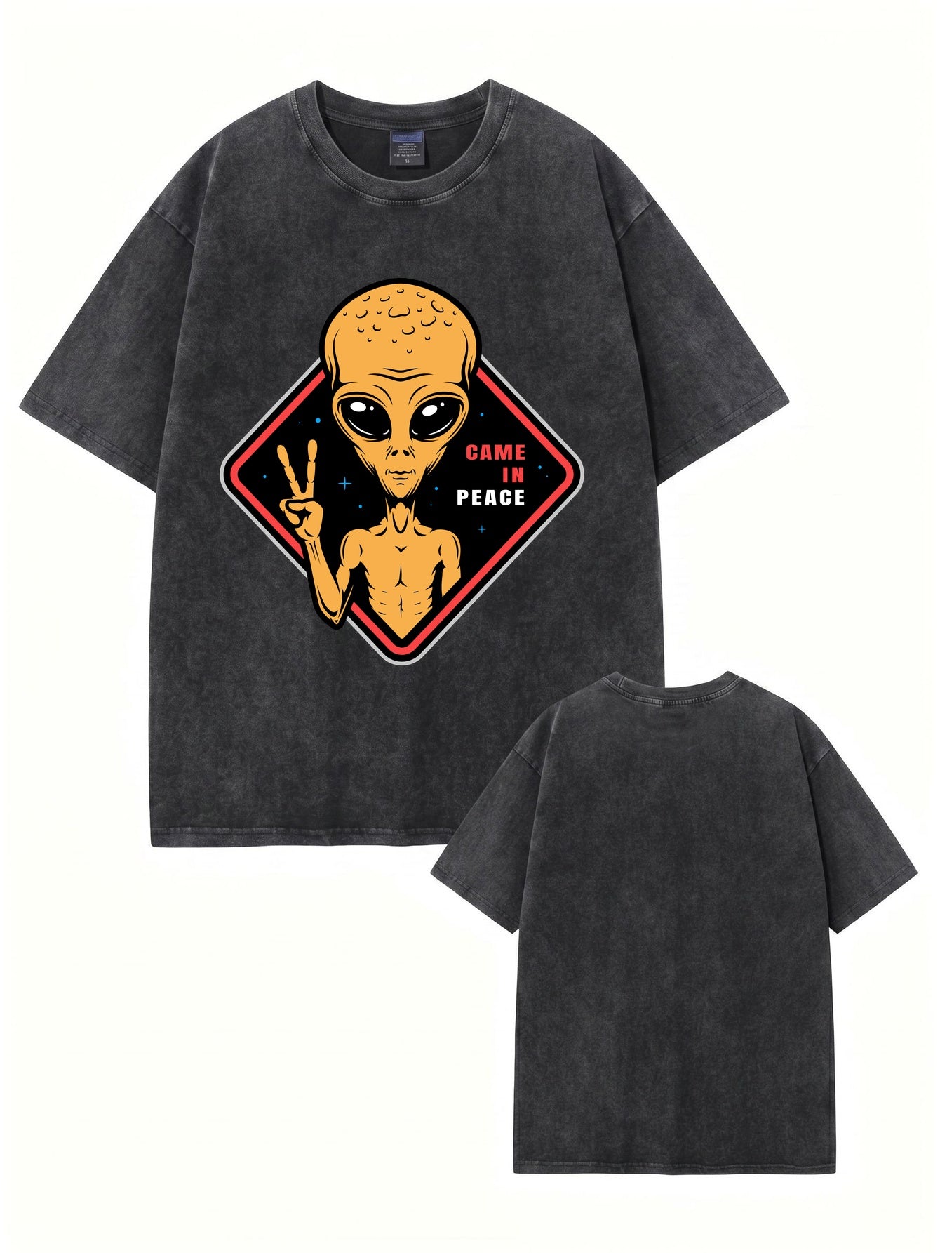 Vintage Washed Alien 'Came In Peace' Graphic Tee - Heavyweight Cotton