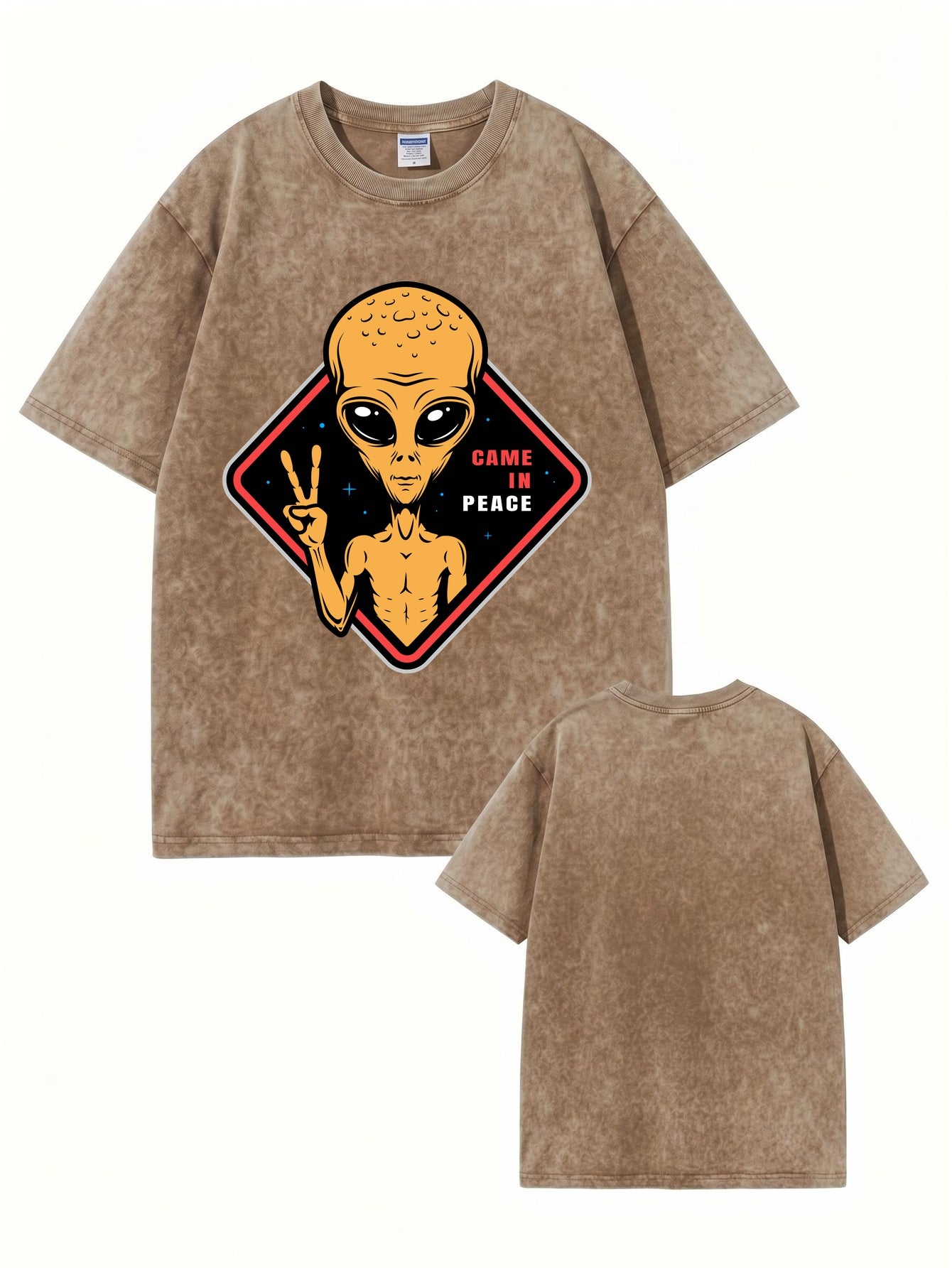 Vintage Washed Alien 'Came In Peace' Graphic Tee - Heavyweight Cotton